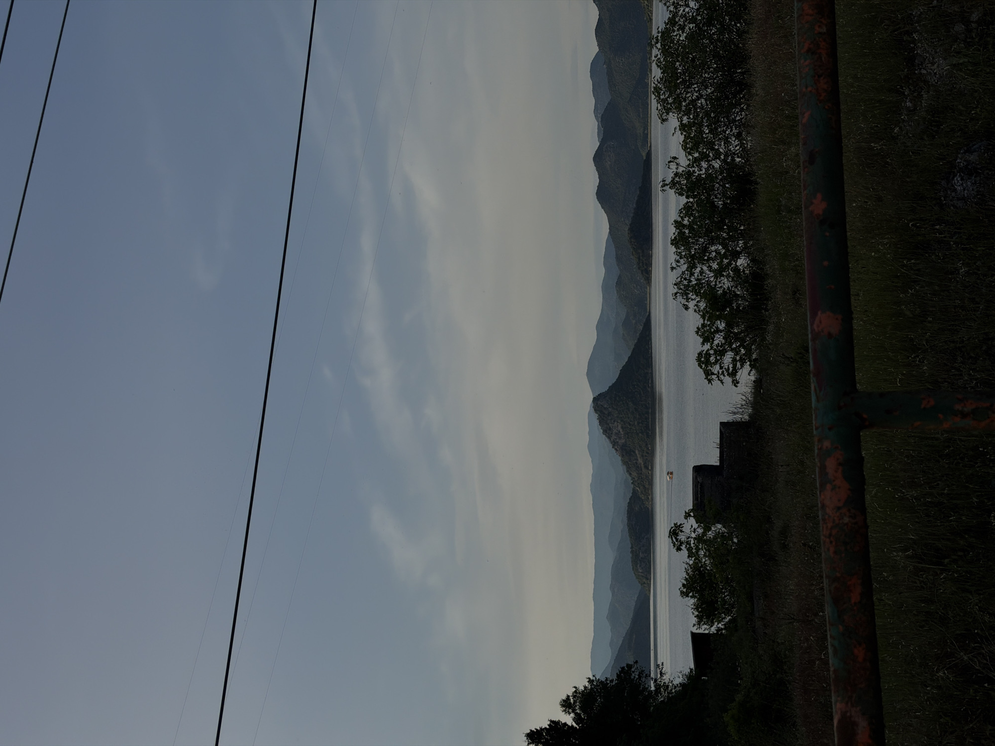 The image shows a landscape with layered mountains across a body of water, likely a lake, in Kruševica, Montenegro. In the foreground on the right, there is a rusty, green-painted metal fence post amidst tall grass and some shrubbery. To the left of the fence, trees line the bank of the lake. In the distance, the lake is surrounded by mountain ranges that fade into the horizon with atmospheric perspective, getting lighter and bluer with distance. Above the mountains and the lake, the sky is predominantly overcast with a mix of pale blue and gray tones. High-tension power lines are visible stretching across the left side of the frame and into the sky. There is a single small watercraft on the lake.