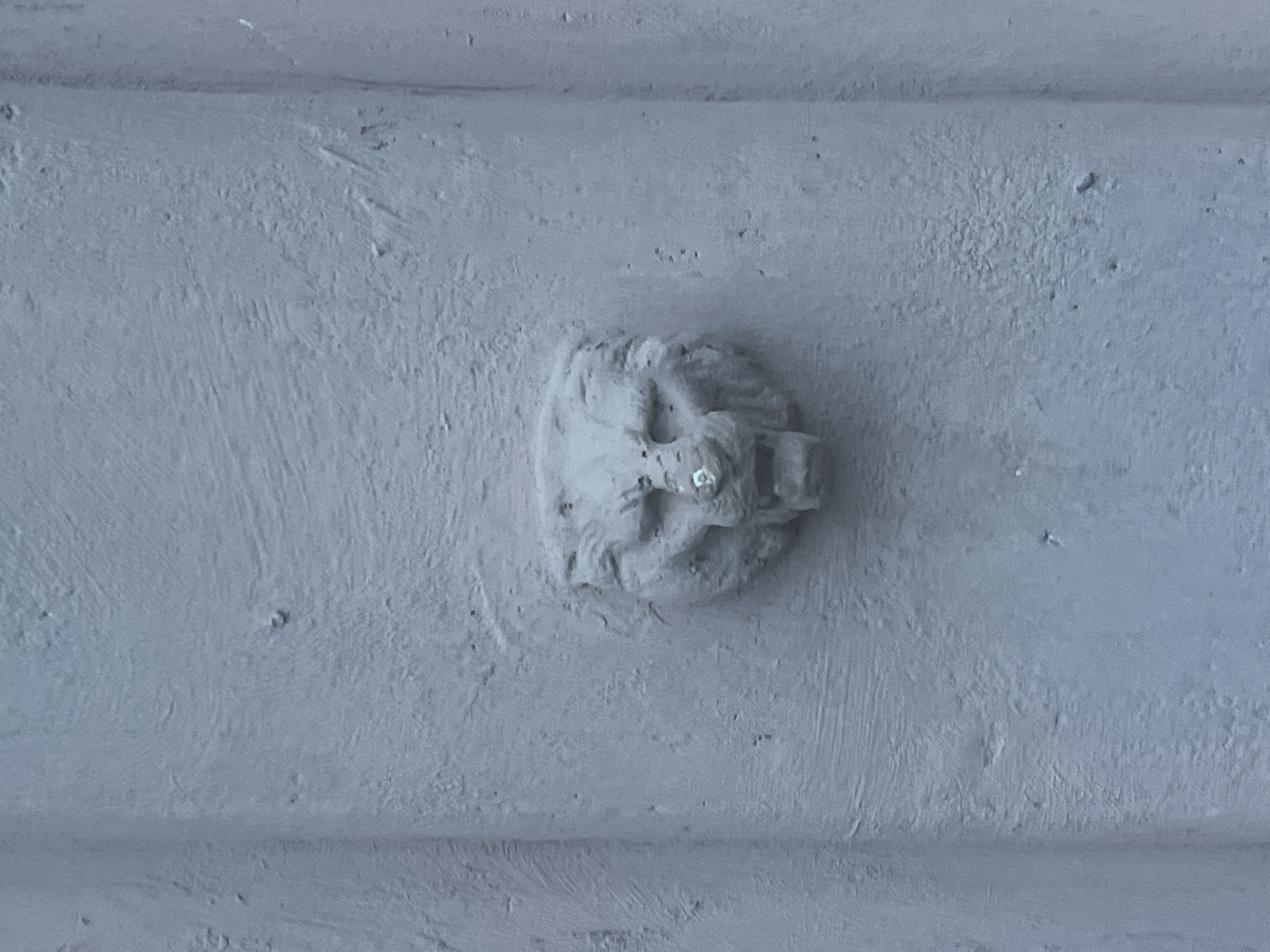 The image shows a close-up, eye-level shot of a carved stone lion's head embedded in a light gray, textured wall. The lion's head is centrally located, with its mouth open in a roar, revealing teeth. Its eyes are recessed, and its mane is textured. The wall has a rough, stucco-like finish with visible brush strokes. A vertical architectural element is visible on the left and right edges of the frame, suggesting the lion's head is part of a larger structure. There are no people or animals present in the image. This architectural detail is located on the facade of the building at 4 Bolshaya Pokrovskaya Street in Nizhny Novgorod, Russia. The building is known for its ornate architectural elements, including decorative carvings and sculptures.