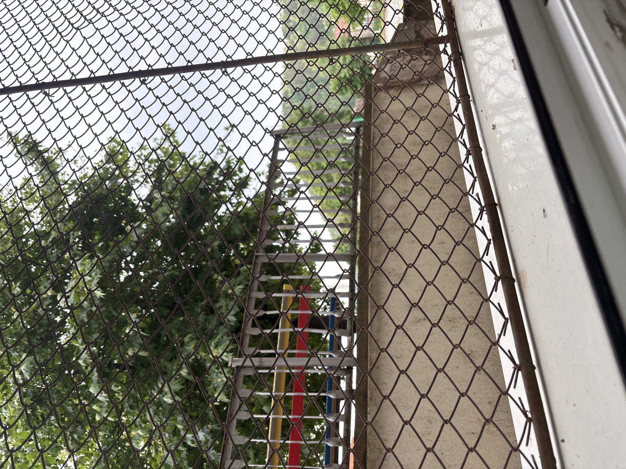 The image is taken from a slightly low angle, looking up through a brown chain-link fence. Behind the fence is a building facade, and a metal fire escape ladder is attached to the building. The ladder has sections painted yellow, red, and blue. In the background are green trees and a cloudy sky. The image was taken in Zlatograd, Bulgaria.