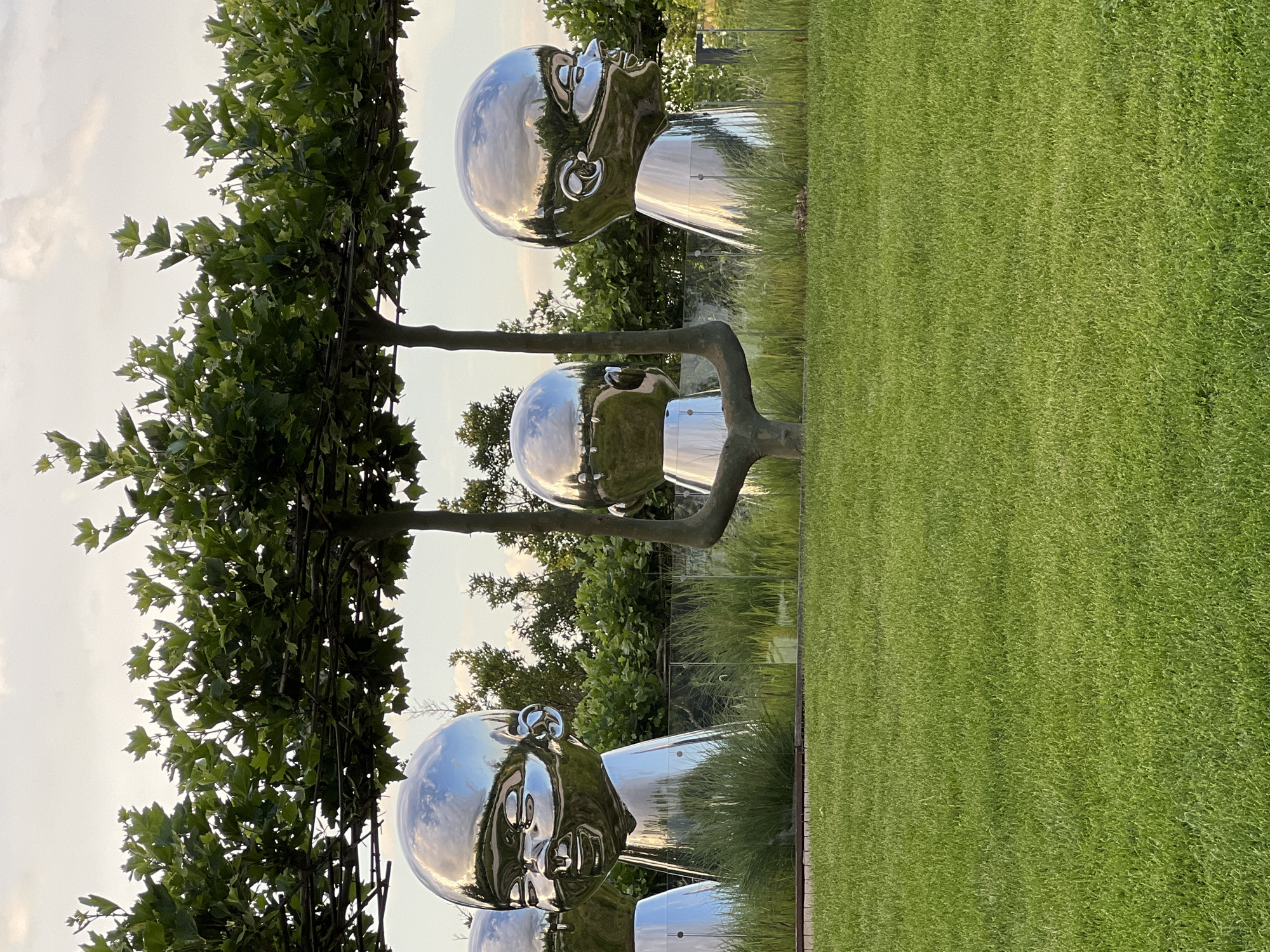 The image depicts an outdoor art installation featuring several large, shiny, silver sculptures of baby heads. The sculptures are arranged in a line, with some of them partially obscured by trees with flat-topped canopies. In the foreground, there is a well-maintained green lawn. Behind the sculptures, there is lush green vegetation and a hint of a sky with clouds. The sculptures themselves are reflective, mirroring the surrounding environment. The overall scene suggests a park or garden setting. This artwork is located in the city of Krasnodar, Russia, specifically in the "Galitsky Park".