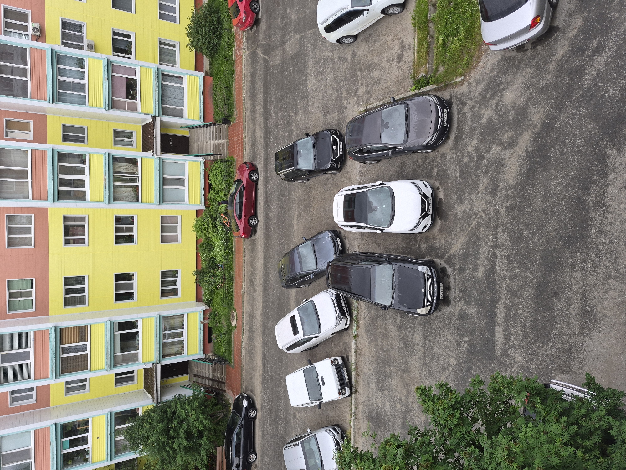 This is an aerial, top-down view of a parking lot next to a brightly colored apartment building in Nyagan, Russia. The building is painted in sections of yellow, pink, and white with blue trim around the windows. Many cars are parked in the asphalt lot, including a red sedan, several dark-colored sedans and SUVs, and a few white vehicles.
The scene appears to be in the daytime, with natural light illuminating the area. There are no people visible, but the presence of parked cars suggests it is a residential area. Green foliage and trees surround the parking lot and are visible along the side of the building. The asphalt appears damp, indicating recent rain or wet conditions.
Visible text includes license plates on some of the vehicles, but they are not legible enough to be transcribed. The overall impression is a typical urban or suburban parking area.