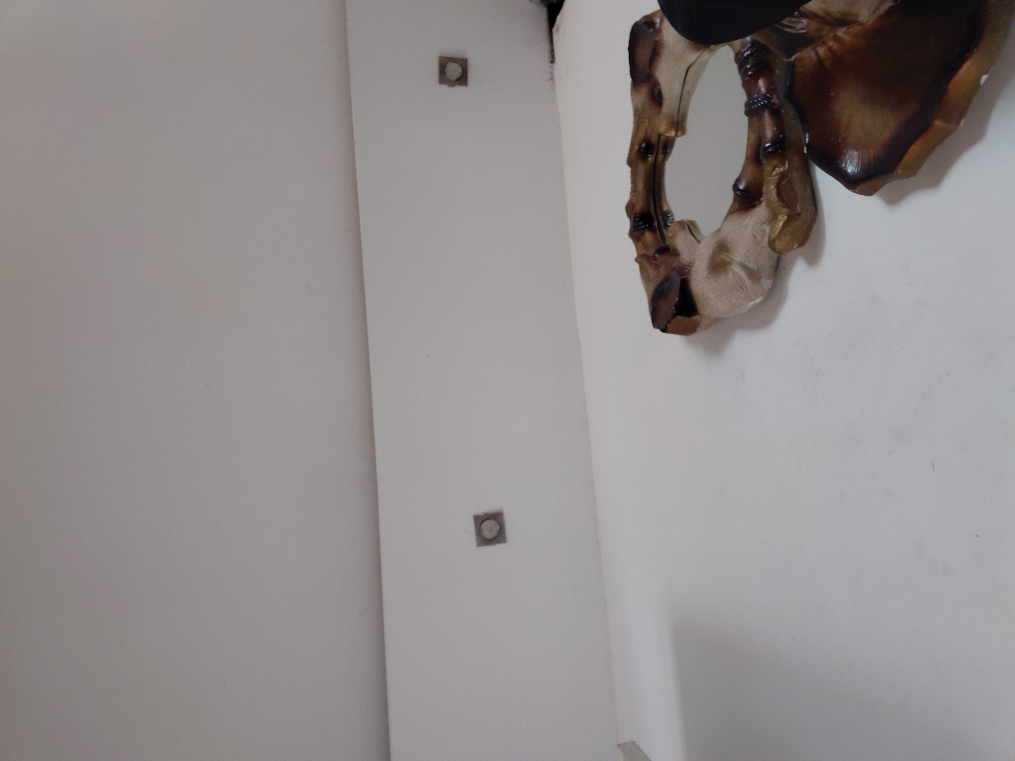 The image captures a static view of an interior space, characterized by plain white walls. A significant portion of the frame is occupied by an unadorned white wall on the left, which extends into a corner on the right.
On the right side of the frame, mounted on a white wall, a decorative object is partially visible. This object appears to be a mirror or a sculptural piece with an organic, irregularly shaped frame. The frame has a textured, possibly carved or molded appearance, resembling gnarled wood or bone. Its coloration transitions from deep, dark browns, almost black in places, to lighter beige and golden tones. A reflective surface, indicative of a mirror, is visible within the frame's opening.
To the left of this decorative piece, on a separate section of the white wall, two small, square wall fasteners or anchors are visible. These fixtures are metallic or light grey in color and are positioned vertically, one above the other.
No activity is taking place, and no people are present in the image. The lighting suggests an indoor environment, possibly illuminated by artificial light or soft, indirect natural light. There is no visible text. The scene conveys a sense of a minimalist or sparsely decorated interior, located in Santa Ana, Venezuela.