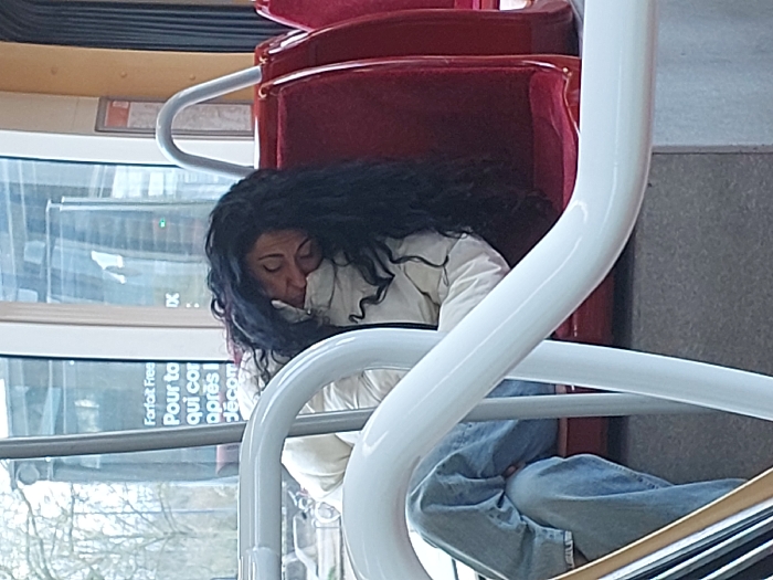 The scene depicts the interior of a public transport vehicle, consistent with a tram, located within the city of Illkirch-Graffenstaden, France. A lone female individual with long, dark, curly hair is shown in a state of sleep or unconsciousness, slumped forward on a red upholstered seat. She is wearing a light-colored, possibly white, puffer jacket and light blue jeans, with her head resting against her left arm, obscuring her face. White, curved metal handrails are positioned in the immediate foreground, partially obstructing the view of her lower body and the vehicle's floor. Through the large window on the left, a blurred daytime outdoor environment is visible, featuring deciduous trees with bare branches and a French advertisement sign partially legible as "Forfait Free." The interior is illuminated by natural light.