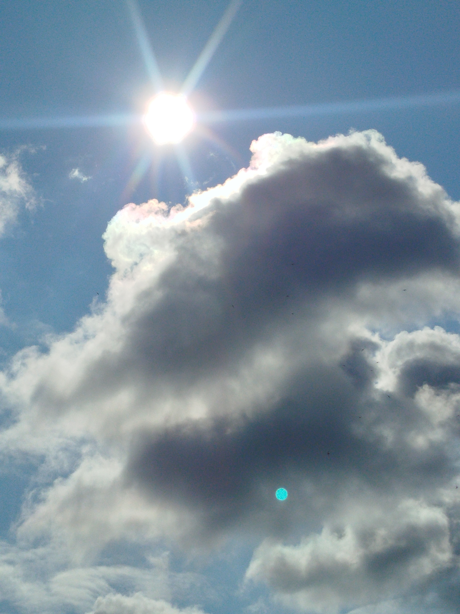 A bright sun with visible rays shines in a clear blue sky on the left side of the image. Large, dense clouds dominate the right and center of the frame, obscuring parts of the sky. The clouds are a mix of white and dark gray, suggesting varying thickness and light penetration. Scattered throughout the image are small, dark shapes that appear to be birds in flight. In the lower right portion of the image, there is a distinct, small, bright blue circular anomaly with a textured pattern. This image was taken in the city of Pskov, Russia.