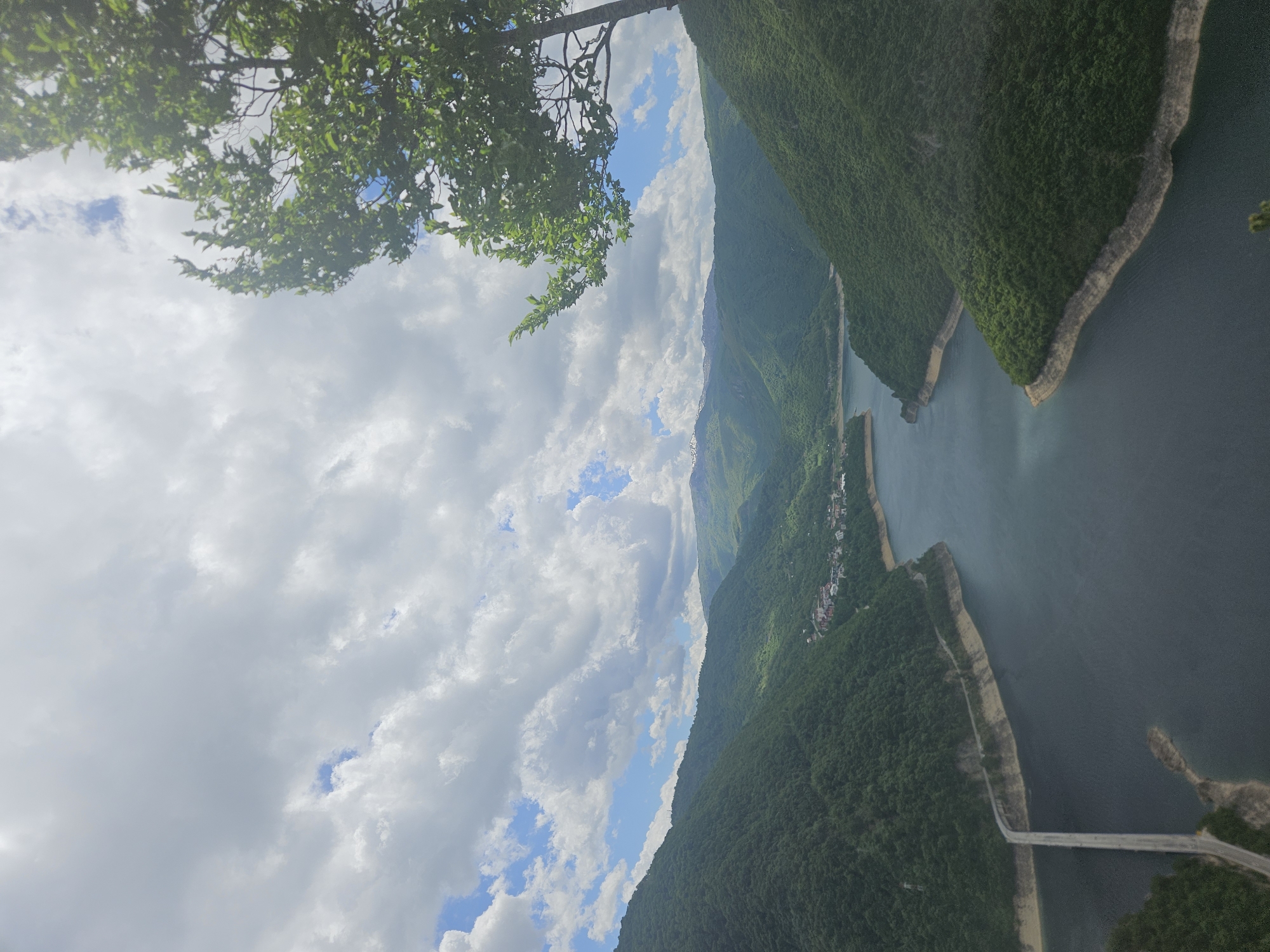 Captured from an elevated perspective, the image presents a scenic vista of the Pivsko Lake and its surrounding landscape in Plužine, Montenegro. A body of water occupies the central area, flanked by steep, verdant mountains. Visible along the shoreline is a small village with buildings. The scene is illuminated by daylight, as suggested by the cloudy sky above. In the lower right corner, a bridge stretches across the lake's narrow section. A tree branch with green leaves is visible in the upper left corner, suggesting the viewpoint is among trees.
