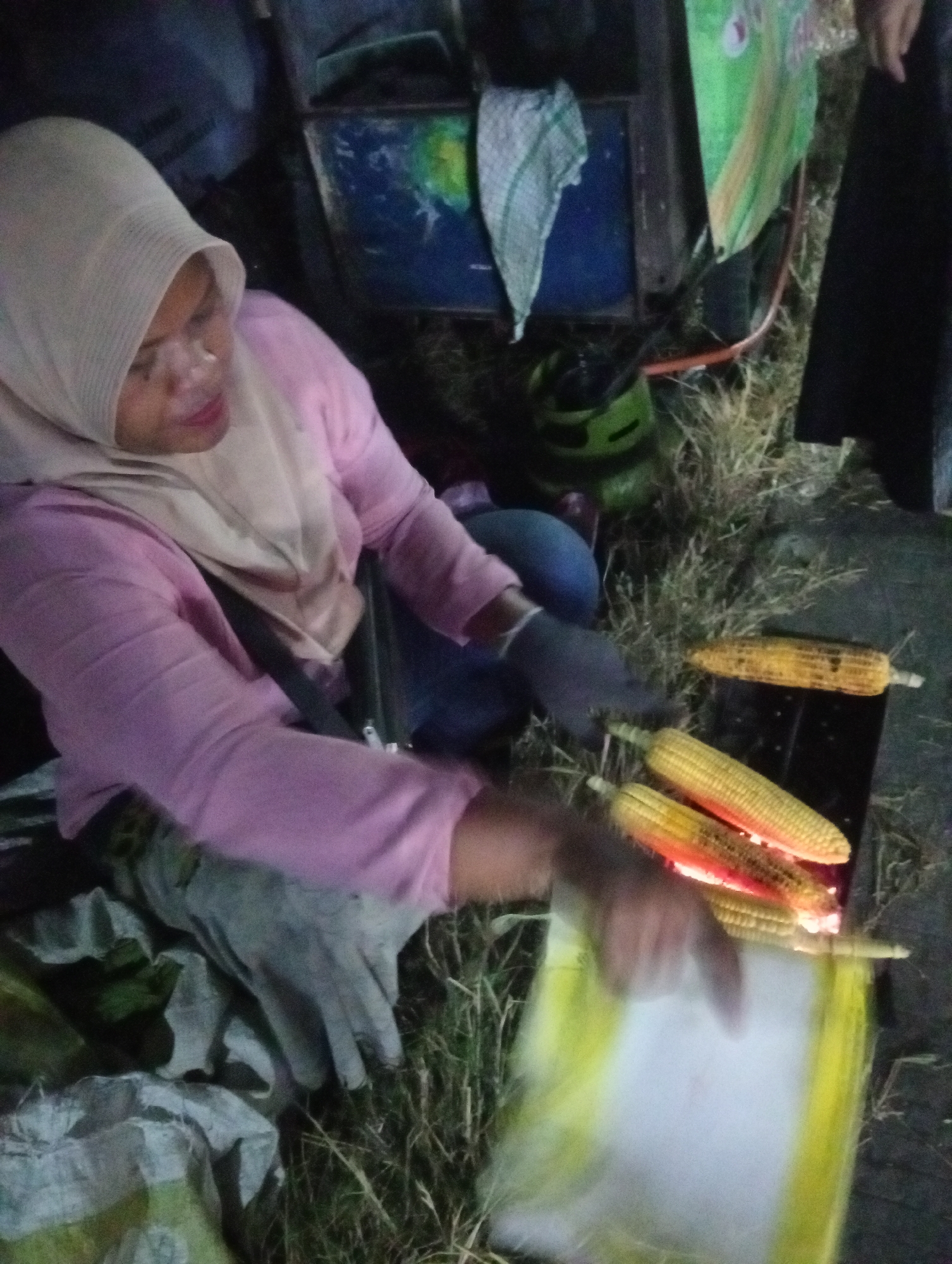 In Ngemplik Wetan, Indonesia, a woman wearing a light-colored hijab and a pink top is seen grilling corn over a black grill. She is wearing grey gloves on both hands. Three ears of corn are visible on the grill, with two of them appearing to be actively cooking and emitting heat. A green gas cylinder is partially visible in the background, along with a blue container and some green and white fabric. The ground around the grill is covered in dry grass. A yellow bag with a white surface is placed in front of the grill, and the woman's gloved hand is extended towards it. The overall scene suggests an outdoor food preparation setting, likely a street food stall or a casual cooking event.
