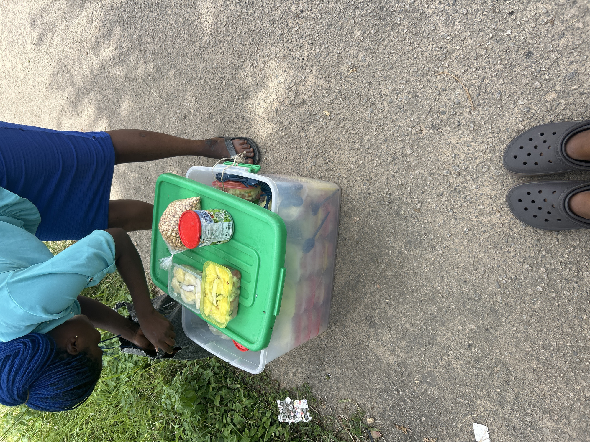 A person with dark skin and blue braided hair is seen from a high angle, crouching beside a large clear plastic storage bin with a green lid. The person is wearing a teal short-sleeved shirt and a royal blue skirt. Their hands are inside a ripped black bag. The bin contains several smaller plastic containers of food, including what appears to be sliced pineapple, and a bag of peanuts. A red-lidded container is also visible on top of the bin. The bin is placed on an asphalt surface, with a grassy area to the left. Two grey Croc-style shoes are visible in the foreground, belonging to the person taking the photo. The scene appears to be outdoors in an urban or semi-urban environment, potentially in Dutsen Alhaji, Nigeria, based on the context provided.