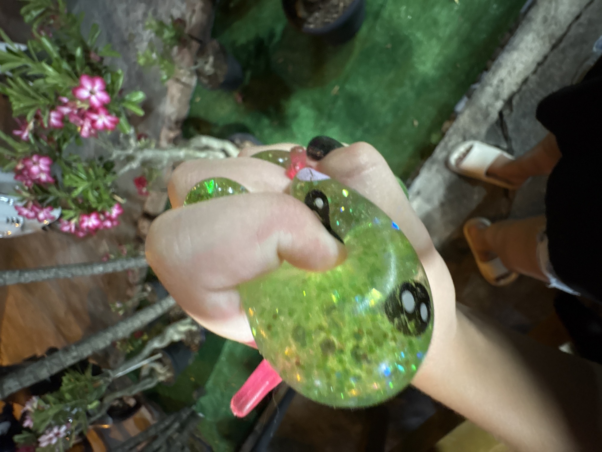 In this image, a person's hands are prominently featured, holding a green, glitter-filled stress ball. The stress ball has two black eyes with white pupils, giving it a cartoonish appearance. The person's fingernails are painted, with some appearing to be black and others with a lighter color and what looks like a nail sticker.
The background suggests an outdoor setting, possibly a garden or patio area. There are plants with pink and white flowers visible, and what appears to be a patch of green artificial turf. A concrete pathway or wall is also present. In the background, there are glimpses of other people, one wearing white slippers and another wearing dark clothing. The lighting suggests it might be evening or a dimly lit area. The overall impression is casual and relaxed, possibly a moment of leisure or stress relief. No visible text is present in the image.