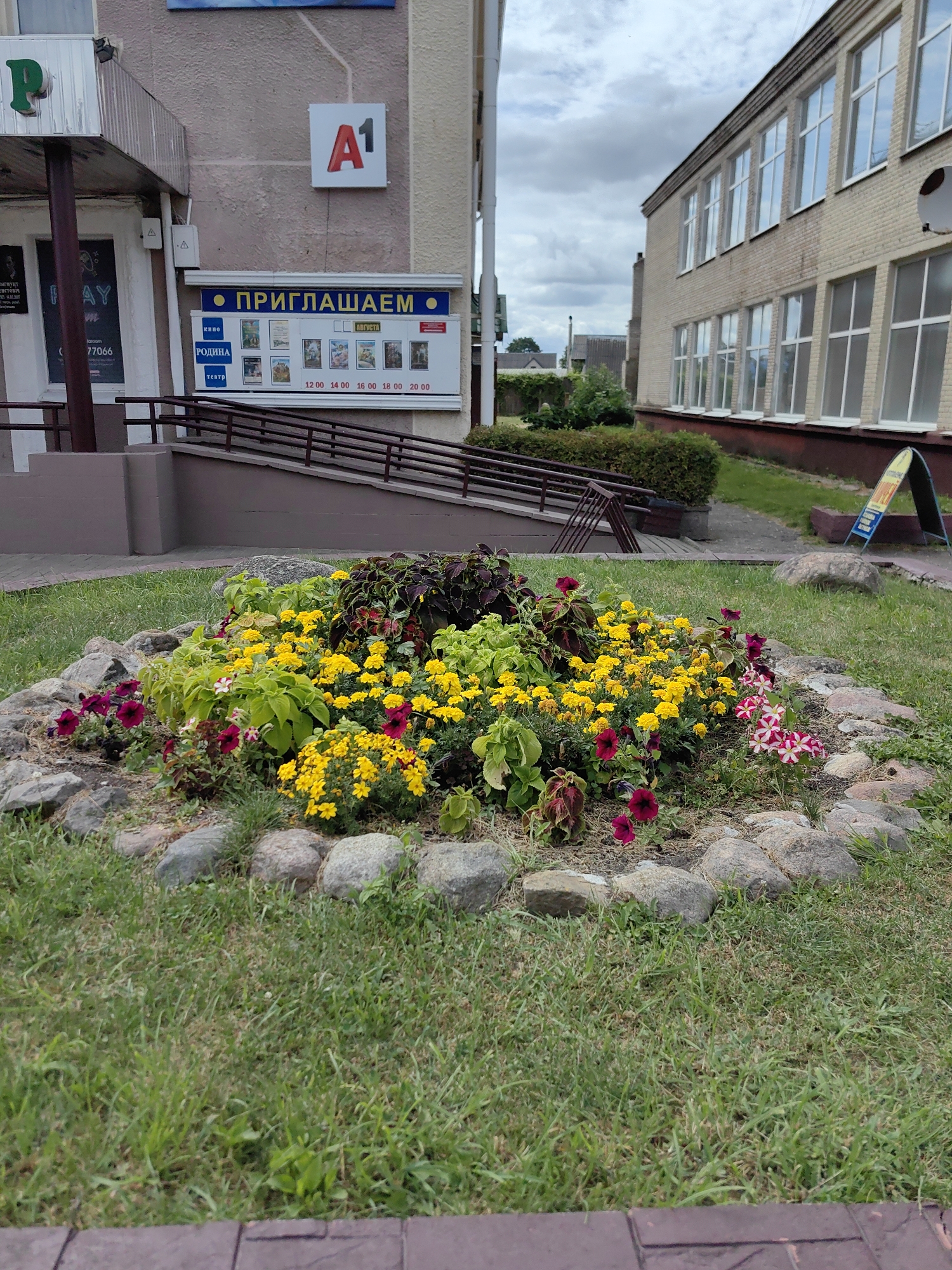 The image shows a flowerbed with yellow and red flowers, surrounded by rocks, in front of a building in Pastavy, Belarus. The building has a sign that says "A1" and another sign with Cyrillic text that translates to "We invite you." There is also a ramp leading up to the building. In the background, there is another building with large windows, and a blue and yellow sign on an easel. The sky is overcast.