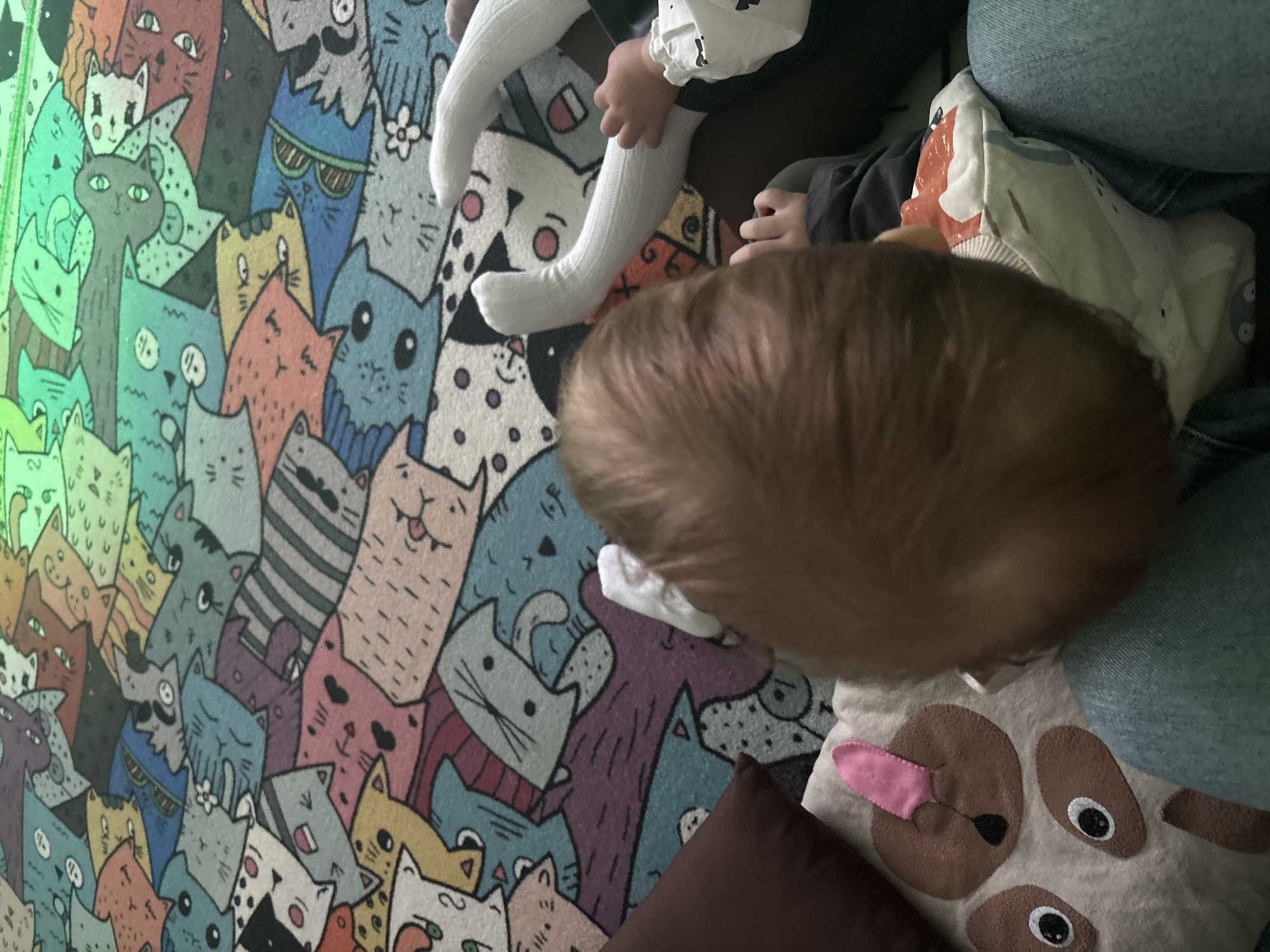 This overhead image captures an intimate indoor scene in Горный, Russia, featuring a baby and at least one other person interacting on a colorful rug. The baby's head, with a full crown of light brown hair, is prominent in the foreground, facing downwards. Nearby, a pair of legs clad in white, ribbed tights and small hands suggest the presence of an older child or the baby's own limbs. On the right side of the frame, part of a person wearing blue denim jeans is visible, along with a white and brown soft toy or pillow designed to resemble an animal, possibly a dog, featuring brown patches, dark eyes, and a pink snout/tongue area. A dark brown cushion rests further to the bottom right.
The floor is covered by a vibrant rug intricately patterned with numerous cartoon-style cats. These cats are depicted in a multitude of colors including various shades of green, blue, orange, red, yellow, grey, purple, black, and white. Each cat has a unique expression or detail; some wear sunglasses, others have striped fur, and their eyes and mouths are drawn in diverse ways, creating a lively and whimsical tapestry. The scene conveys a quiet moment of domesticity, likely involving play or relaxation between the individuals. There is no visible text in the image.