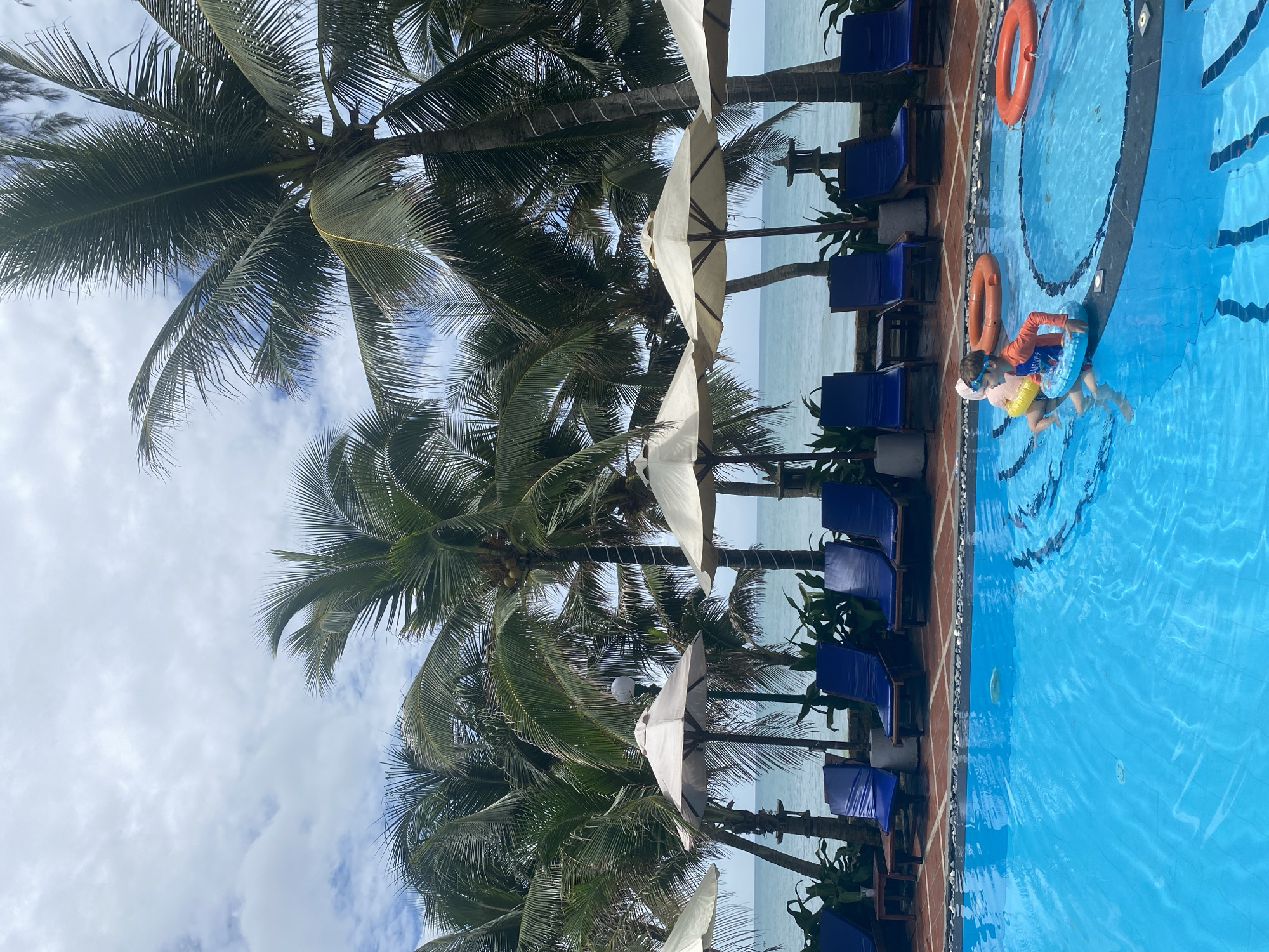 This image captures a bright, tropical outdoor scene, likely at a resort in Phu Thuy Ward, Vietnam. The right side of the frame features a clear blue swimming pool, where a child is actively engaged in swimming. The child wears an orange long-sleeved swim shirt, blue trunks, a yellow flotation device around their chest, and goggles, while also holding onto a blue inflatable ring. Two orange lifebuoys float unoccupied in the pool.
The pool's edge is lined with a reddish-brown tiled deck. Along this deck, several blue lounge chairs with dark frames are arranged, presumably for sunbathing or relaxation. White or light-colored beach umbrellas are positioned between the loungers, offering shade. Towering above these amenities, numerous large palm trees with rich green fronds dominate the left and central portions of the image, their foliage filling much of the sky.
In the background, beyond the pool and the palms, the tranquil, light blue expanse of the ocean is visible, confirming a beachside setting. The sky above is partially cloudy, indicating a daytime scene. The overall impression is one of leisure and enjoyment in a serene tropical environment. No visible text is present in the image.