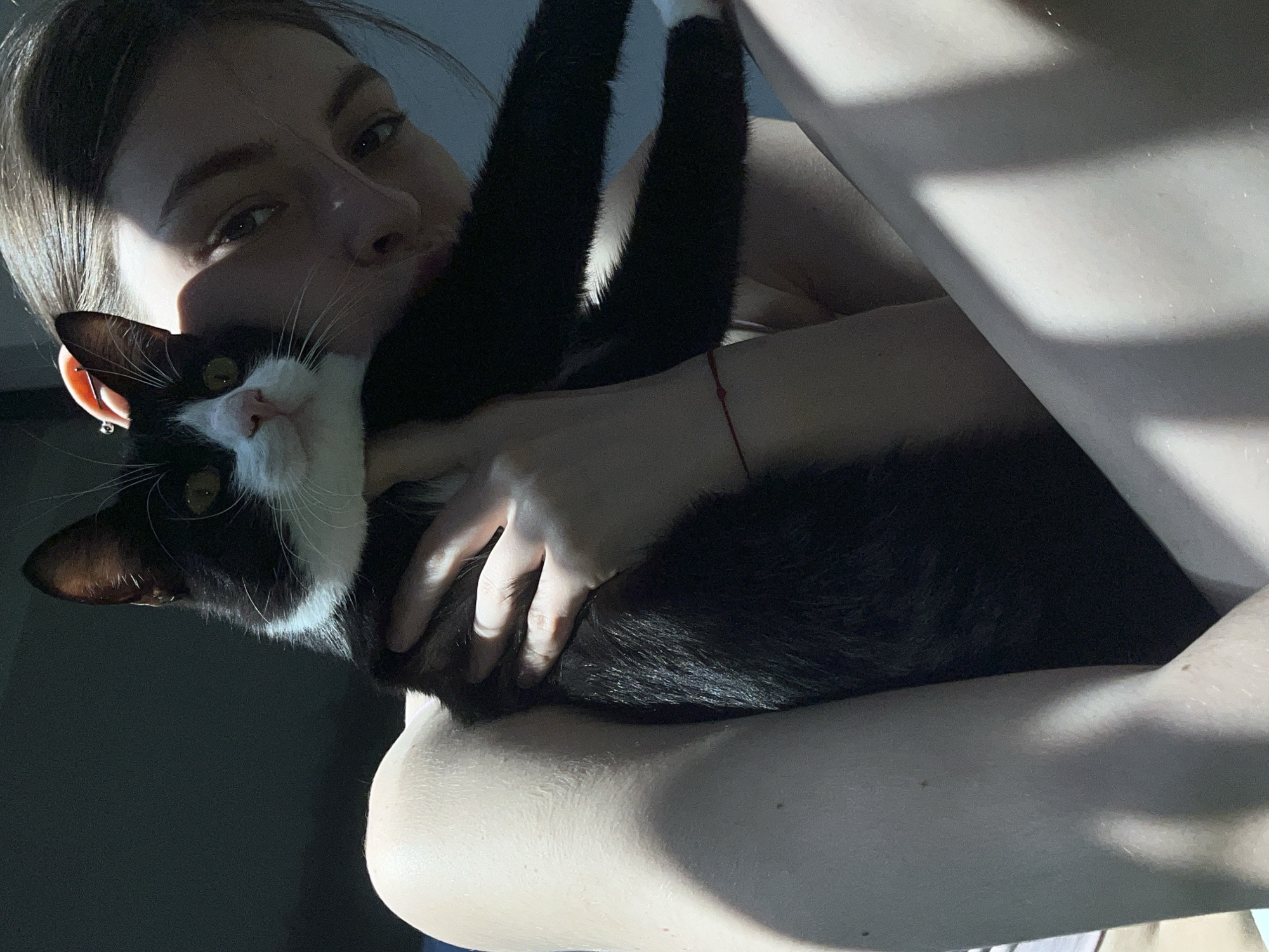 A woman with dark hair is holding a black and white cat. Sunlight casts shadows across the scene, illuminating parts of the woman's arms and face, as well as the cat's fur. The woman is looking towards the camera, while the cat is looking slightly away. The background is dark. No information is available about the location of the image within the city of Unknown, Russia.