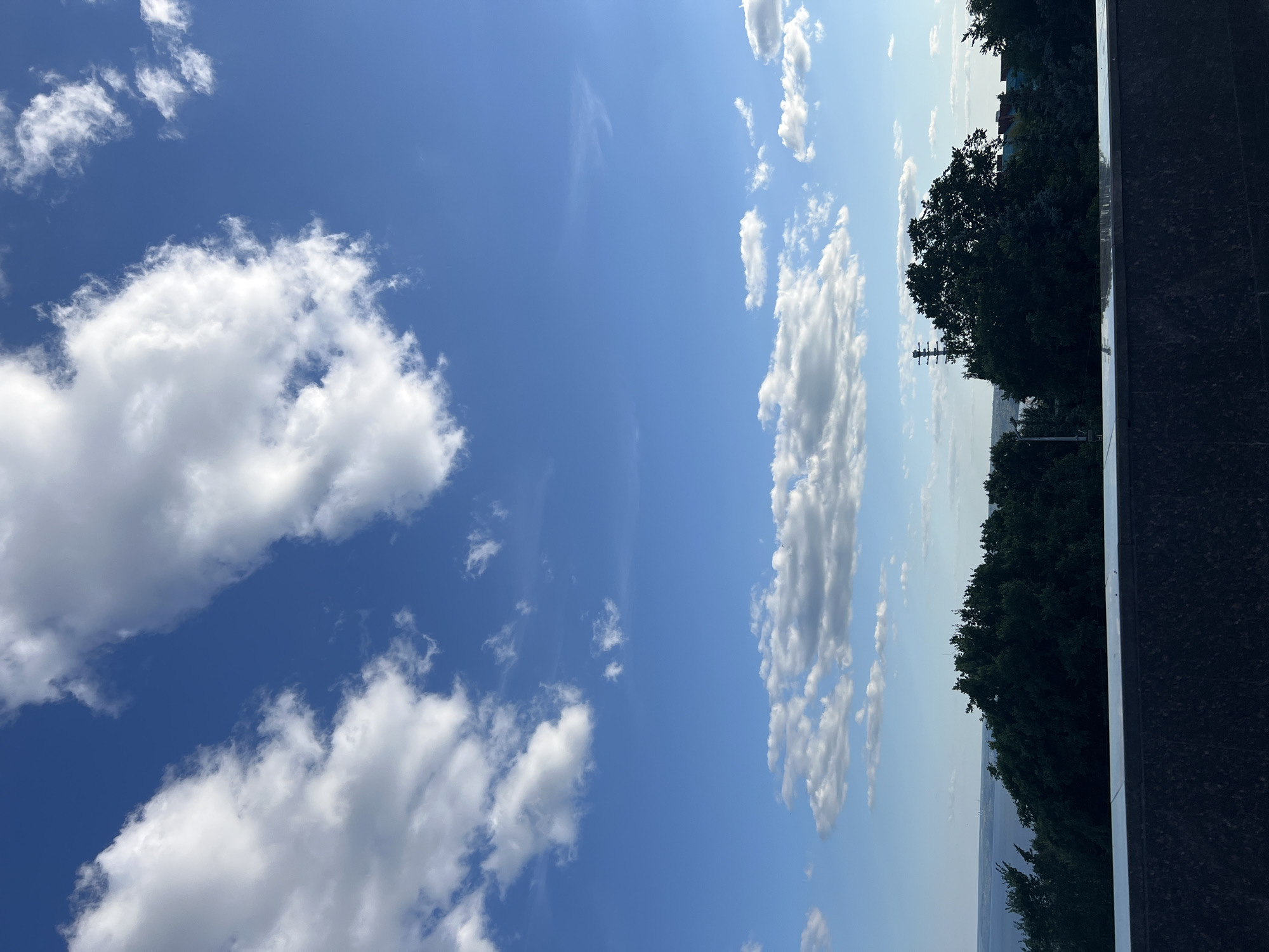 This is an outdoor, slightly elevated shot of a bright blue sky with scattered white clouds. Below the sky is a dense line of dark green trees, with a body of water visible in the distance to the left. In the foreground, a dark, textured railing runs horizontally across the bottom of the frame. The scene suggests a view from a balcony or elevated vantage point overlooking a natural landscape with a distant water feature. There are no people or discernible actions taking place. The lighting suggests daytime, likely late afternoon given the slightly muted colors.