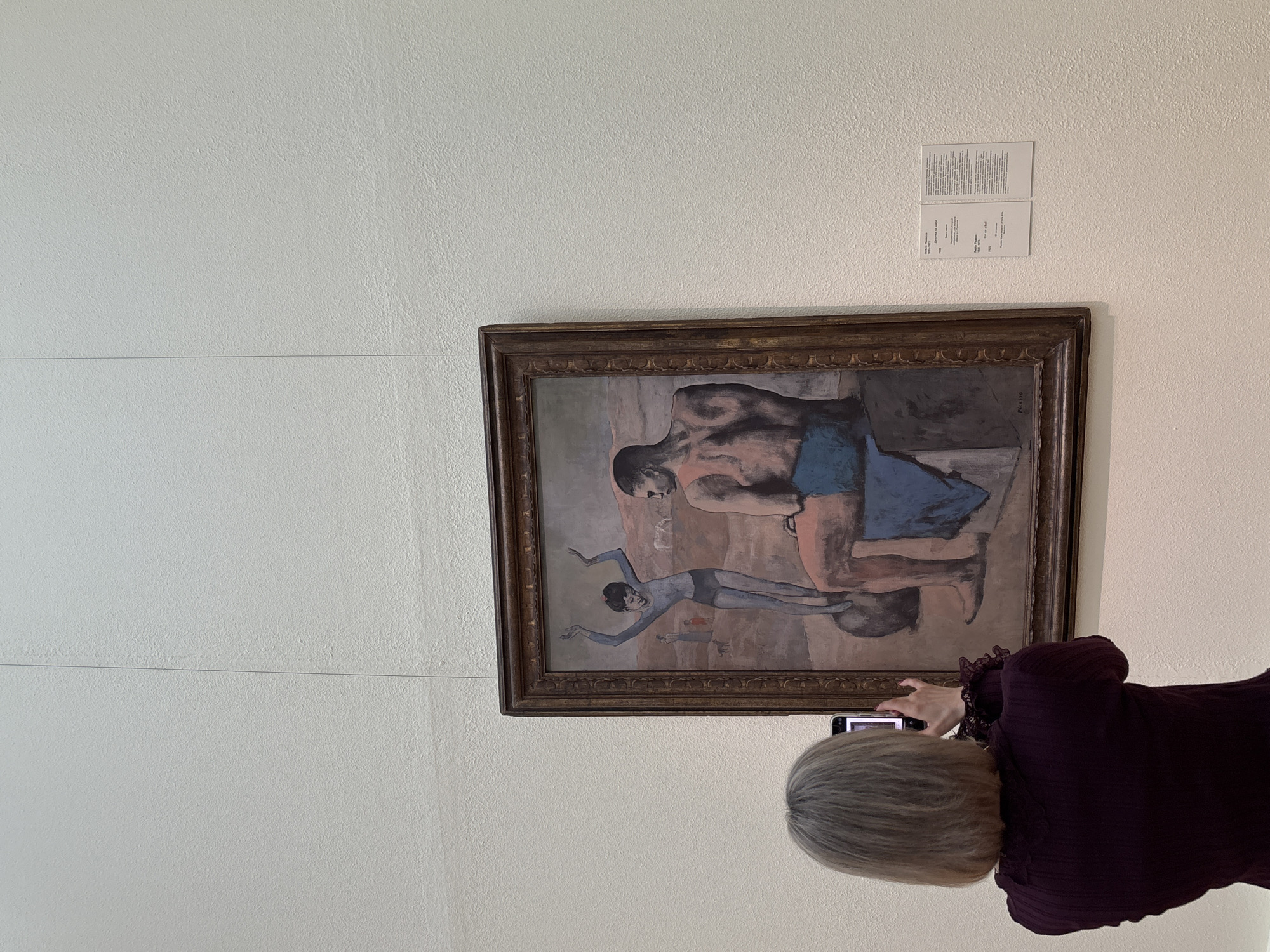 A woman with short gray hair, wearing a dark purple, long-sleeved blouse, is holding a smartphone and taking a picture of a framed painting on a white wall. The painting appears to be by Picasso, featuring human figures with distorted proportions and blue/gray tones. Above and to the left of the painting are two small information cards or plaques. The scene seems to be within a museum or art gallery setting. The location is Moscow, Russia.