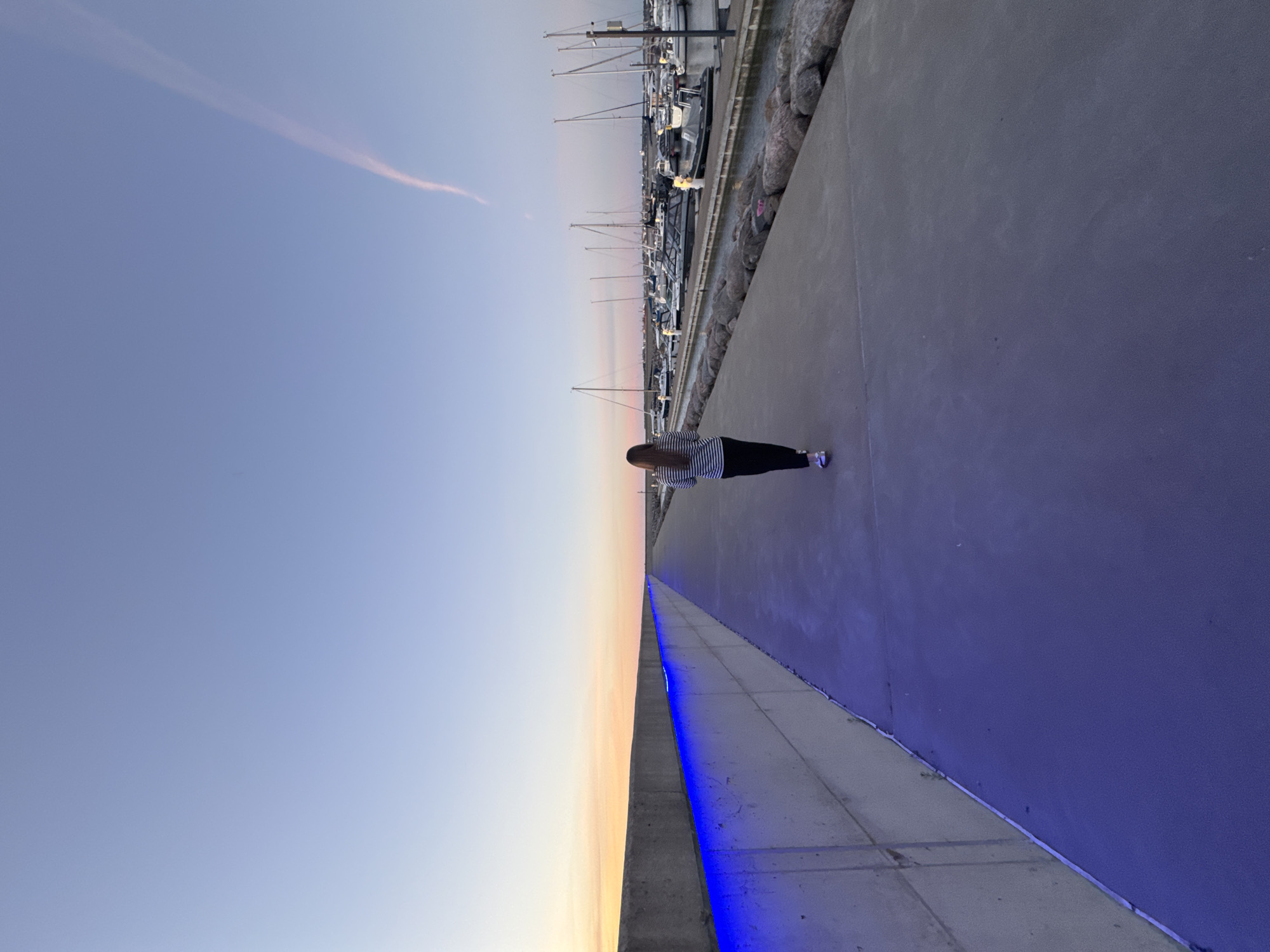 A full-shot, vertical, eye-level, outdoor, natural light photograph captures a woman walking away from the camera on a paved walkway. She is seen from behind, wearing a striped long-sleeved shirt and black pants. She has long, brown hair. The walkway extends into the distance, bordered on the left by a concrete wall illuminated with blue lights. On the right, a marina is visible, filled with numerous sailboats and smaller motorboats docked in the water. The sky is a clear, pale blue, with a faint pinkish-orange hue near the horizon, suggesting it is either sunrise or sunset. A thin, pinkish contrail is visible in the upper right portion of the sky. The overall scene conveys a sense of calm and tranquility. The location is the Pirita Marina in Tallinn, Estonia.