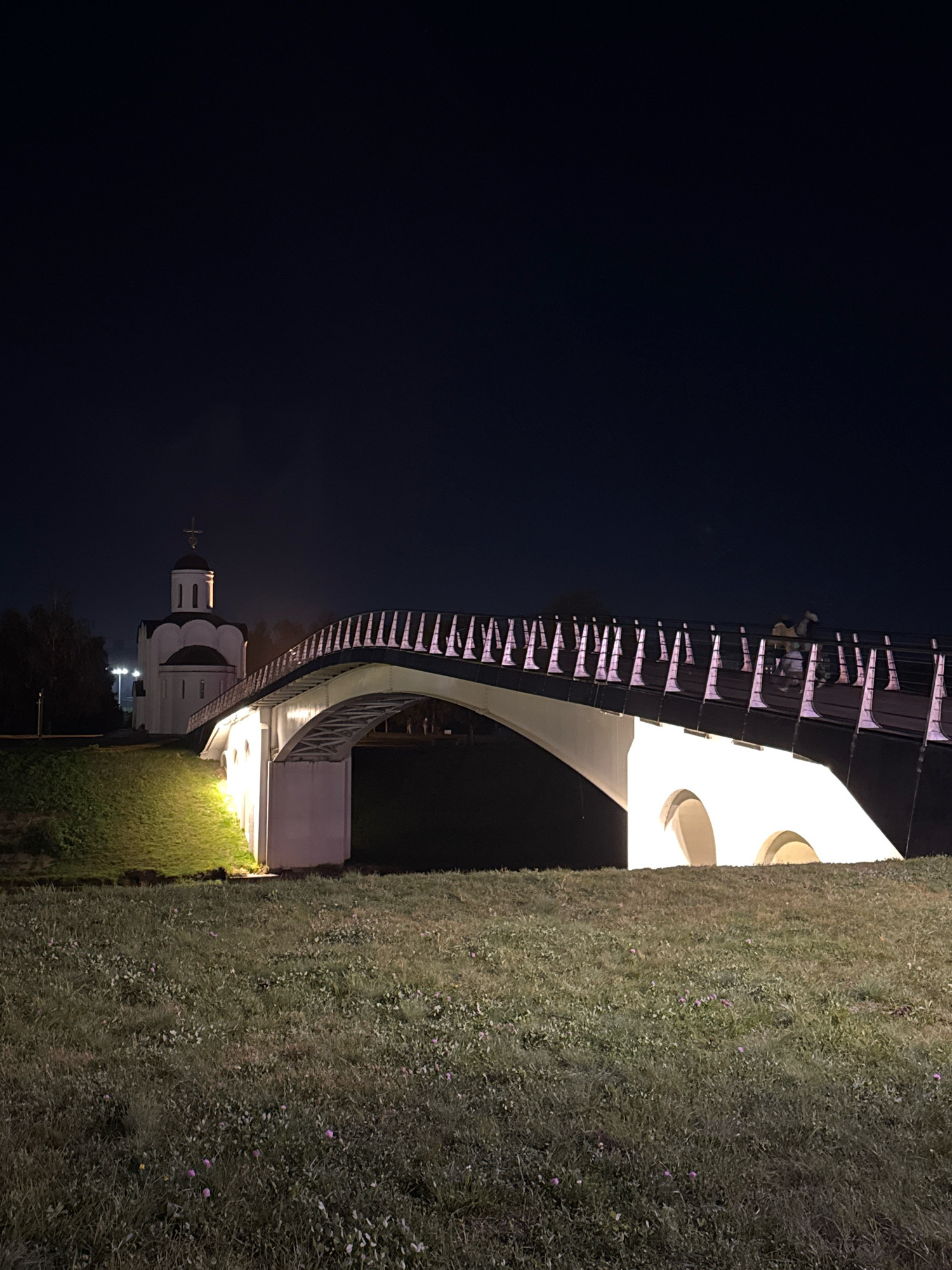 The image shows a night scene in Tver, Russia. A white church with a golden cross on its dome is visible on the left side of the image. In the foreground and center, a modern pedestrian bridge with a curved arch spans across a body of water, illuminated by bright lights. The bridge has a white railing with decorative elements. A few people are walking on the bridge. The foreground is a grassy area with scattered small purple flowers, and a slope leading up to the bridge. The sky is dark, indicating nighttime.
