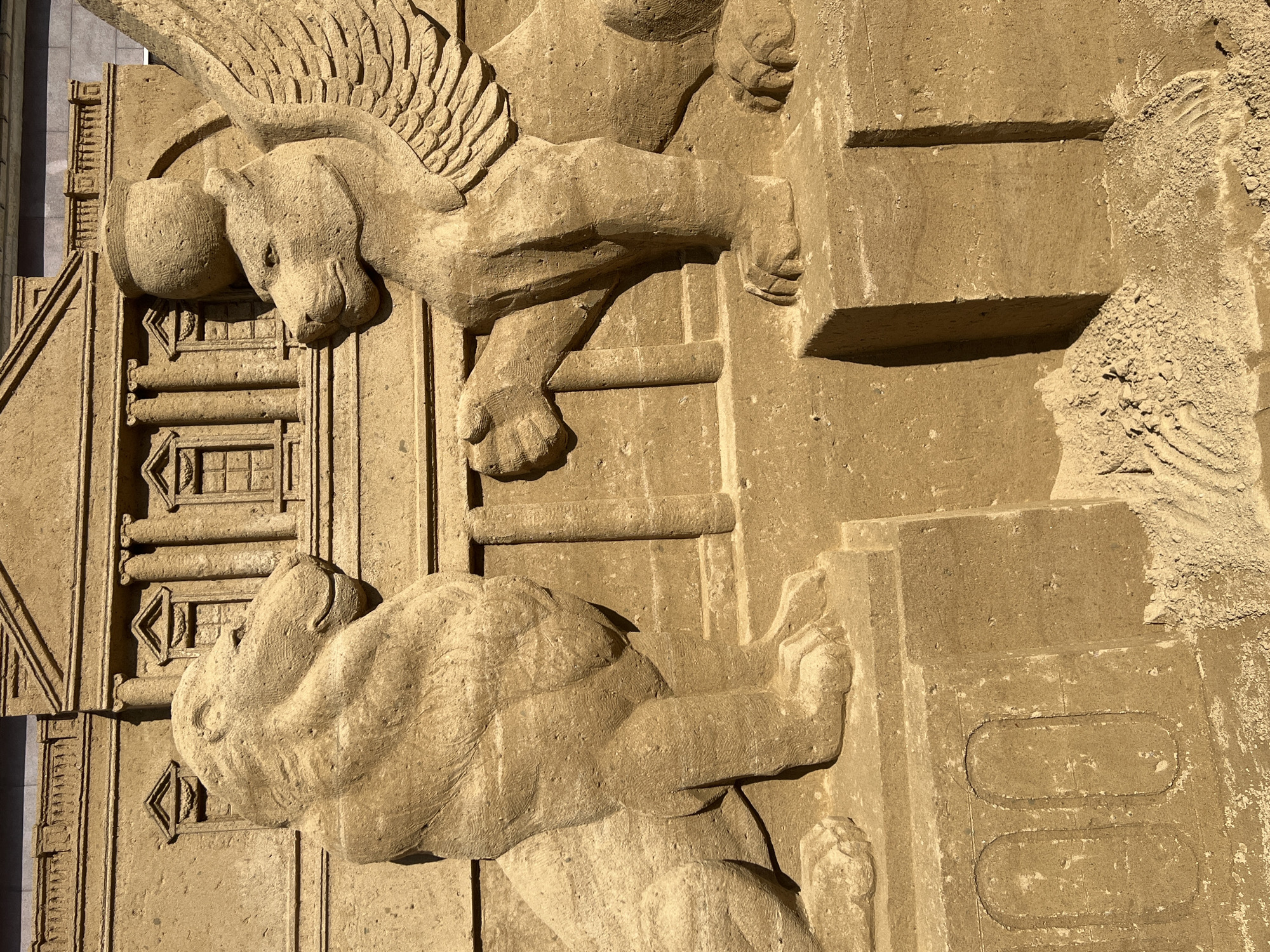 This close-up image captures a section of elaborate sand sculptures bathed in bright daylight. The primary subjects are several large, intricately carved creatures integrated into a detailed architectural tableau, all fashioned from sand.
In the upper left quadrant, a majestic winged creature, possibly a griffin or a winged lion, dominates the composition. It features a powerful body, strong limbs, and finely detailed feathered wings extending upwards. Its head, with defined features, is turned to the left as it appears to climb or rest on a sandy architectural facade. This facade includes sculpted pillars, rectangular window-like frames, and decorative patterns with raised borders, all rendered in sand. The creature's front paws are sculpted with visible claws, gripping the textured surface.
Below the winged figure, another substantial animal sculpture, resembling a bear or a robust mythical beast, is visible. This creature is also depicted interacting with the sandy architecture, its form conveying strength and dynamic movement. Its head faces downwards and to the left, and its front limbs are shown grasping a horizontal bar or ledge, which is part of the extensive sandy background.
The background itself is a richly textured sand relief, portraying various architectural elements such as steps, ledges, and panels adorned with geometric motifs, including diamond shapes and elongated ovals. The grainy texture of the sand is palpable across all surfaces, and the strong, direct sunlight casts deep shadows that emphasize the sculptures' depth, contours, and three-dimensional qualities.
To the far right, a less defined area shows mounds and rougher textures of sand, possibly indicating a partially completed section or a background element of another creature. The entire scene suggests a large-scale artistic installation or exhibition, likely an outdoor sand sculpture festival. The clarity of the sky and the sharp shadows indicate sunny weather during the day. Given the context of Saint Petersburg, Russia, these impressive sand artworks might be part of a temporary public display, showcasing exceptional craftsmanship and thematic storytelling. No visible text is present within the sculptures.