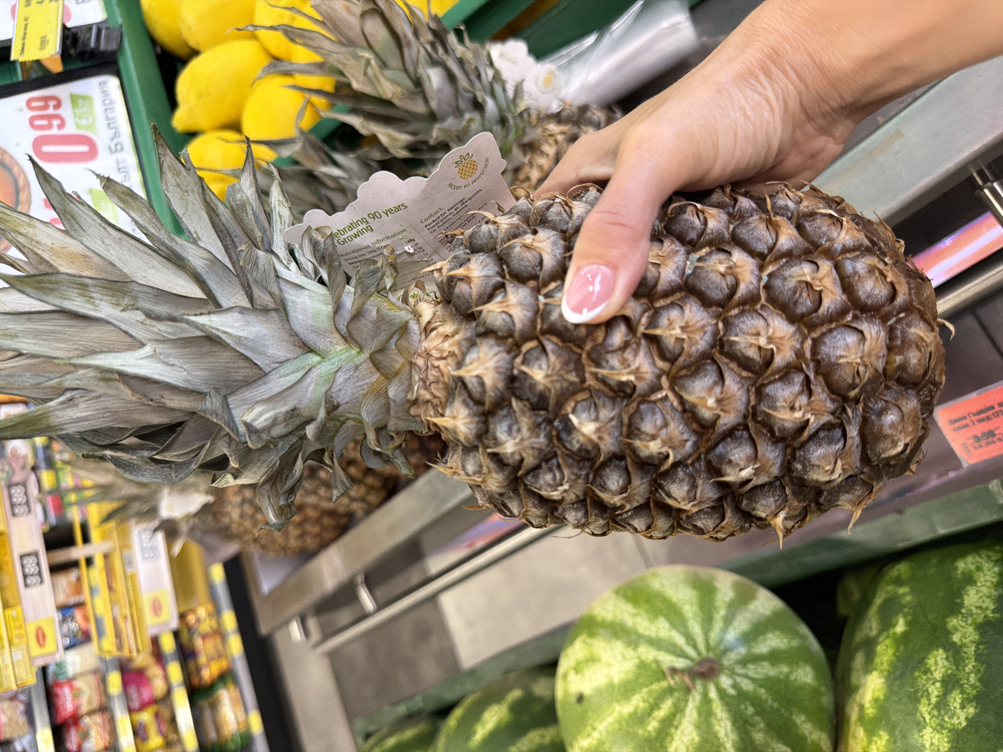 A close-up, eye-level, medium shot shows a person's hand holding a ripe pineapple at a grocery store in Pleven, Bulgaria. The pineapple's spiky texture is evident, and a tag is attached to its leaves with text including "Celebrating 90 years Growing". In the background, shelves filled with produce are visible. To the left, parts of watermelons are seen, and to the right, a pile of lemons. A price tag with "0.99" and Cyrillic text is also in the background, suggesting the location is a supermarket in Bulgaria. The lighting is bright and appears to be artificial, typical of a retail environment.