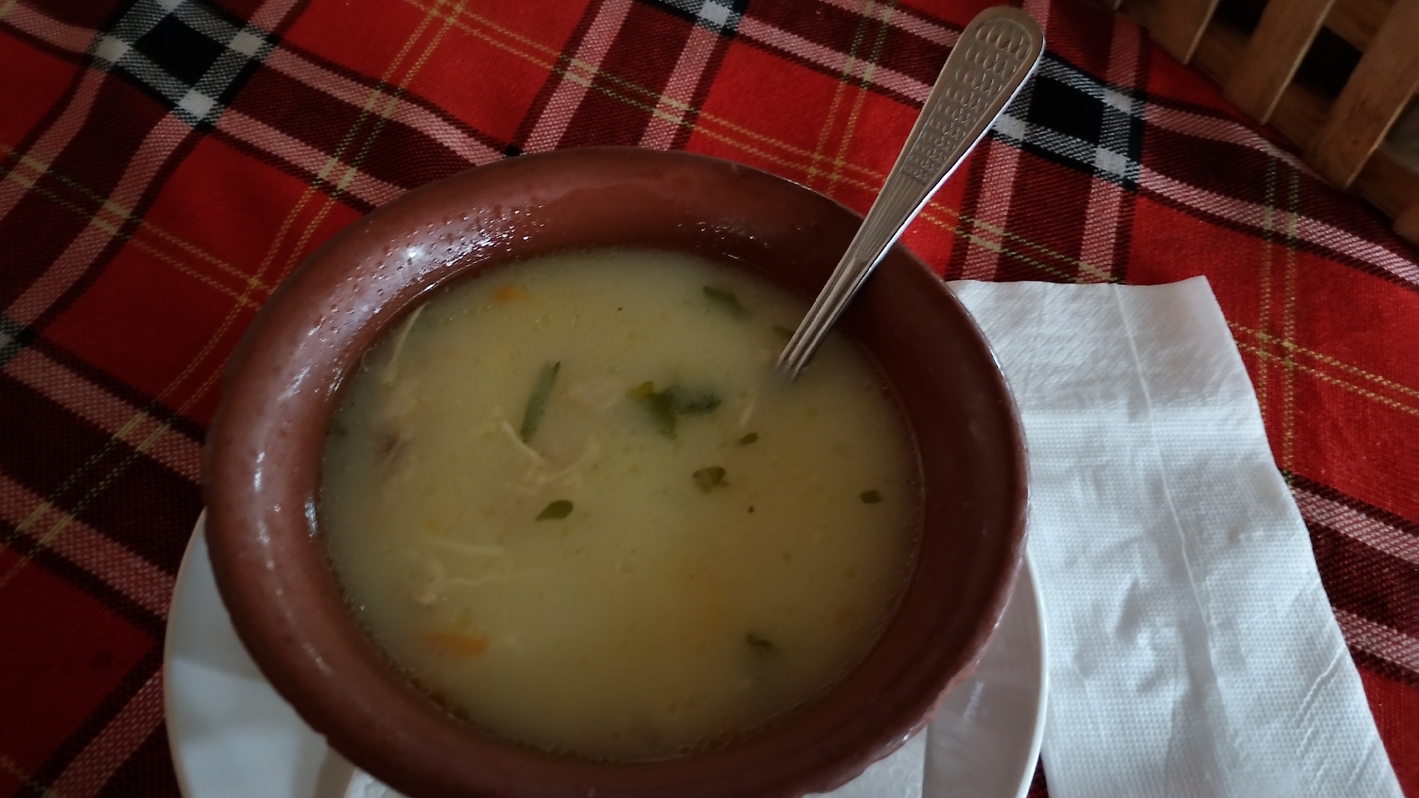 A close-up overhead shot shows a bowl of chicken noodle soup with a spoon in it. The soup is in a brown bowl that sits on a white saucer. The bowl and saucer are on a red and black plaid tablecloth. To the right of the bowl is a white napkin. In the upper right corner is part of a wicker basket. The location is Pevtsite, Bulgaria.