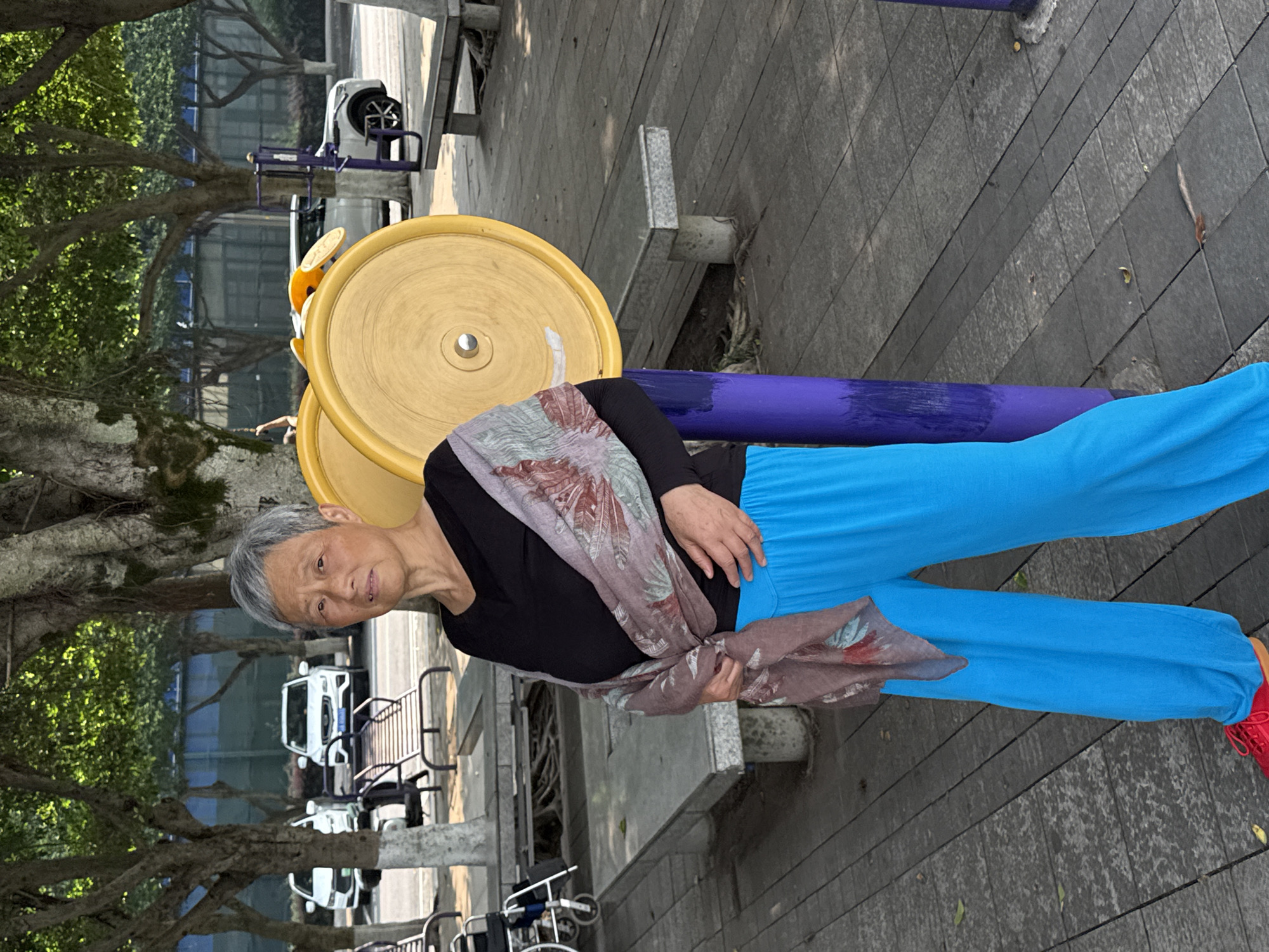 An elderly East Asian woman with short, grey hair stands outdoors in what appears to be a public park or recreational area in Jiangjin, China. She is positioned slightly to the left of the image center, facing the camera with a neutral expression and her mouth slightly ajar. She wears a black long-sleeved top, bright turquoise blue loose-fitting pants, and red sneakers with orange soles. A light brown or mauve scarf, patterned with large, stylized red, green, and blue feathers or leaves, is draped over her shoulders and upper torso. Her left hand is resting on the scarf near her waist.
To her immediate right is a piece of yellow exercise equipment consisting of two large, circular, flat wheels mounted on a sturdy vertical post, which is painted purple with some visible wear and scratches. The ground beneath her and the equipment is paved with dark grey square or rectangular tiles, interspersed with a few scattered leaves.
In the mid-ground, behind the woman, are several grey stone or concrete benches with cylindrical supports. Further back and to the left, a black manual wheelchair with blue fabric accents is parked on the tiled pavement. Numerous mature trees with textured, light-colored bark (some painted white near the base) and dense green foliage line the area, casting dappled sunlight.
In the background, beyond the trees, an asphalt road or parking lot is visible, with two white SUVs (likely Geely Boyue L models, distinguishable by their grille design) parked on the left. A third white SUV is partially visible further to the right. Behind the vehicles and trees, a dark blue or grey structure, possibly a building or fence, is present. The scene is illuminated by natural daylight, suggesting a clear day.