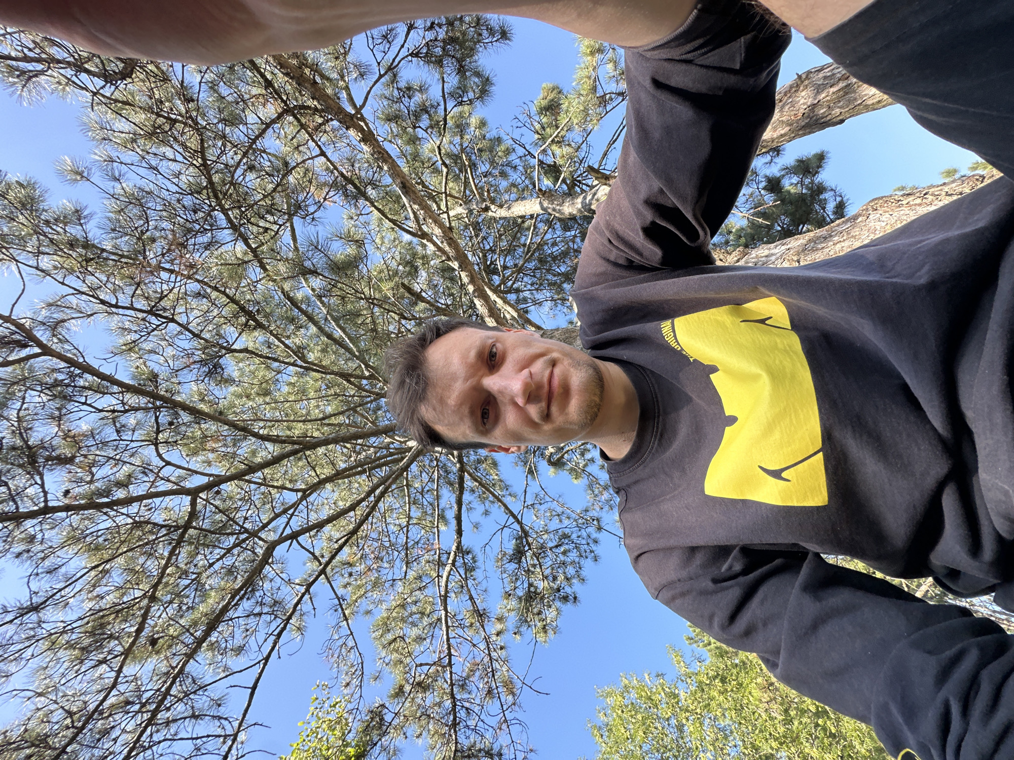 In this ground-level, wide-angle selfie, a man with short brown hair and a slight stubble is pictured from the chest up. He is wearing a black long-sleeved shirt with a large, bright yellow graphic design on the front, which appears to be a stylized smiley face with a jagged outline. The man's expression is neutral, and he is looking directly at the camera. His right hand is partially visible in the upper right corner of the frame, suggesting he is holding the camera.
The man is positioned outdoors, beneath a large pine tree whose branches and needles fill a significant portion of the upper frame. The sky behind him is a clear, vibrant blue. To the left, glimpses of other green foliage and tree trunks are visible. The setting appears to be a natural outdoor environment, possibly a park or a forested area, and it is consistent with the general landscape of Velykozalissia, Ukraine, a town known for its green spaces and surrounding natural beauty. The lighting indicates it is daytime, likely a sunny day, given the bright blue sky and the illumination on the man and the trees.