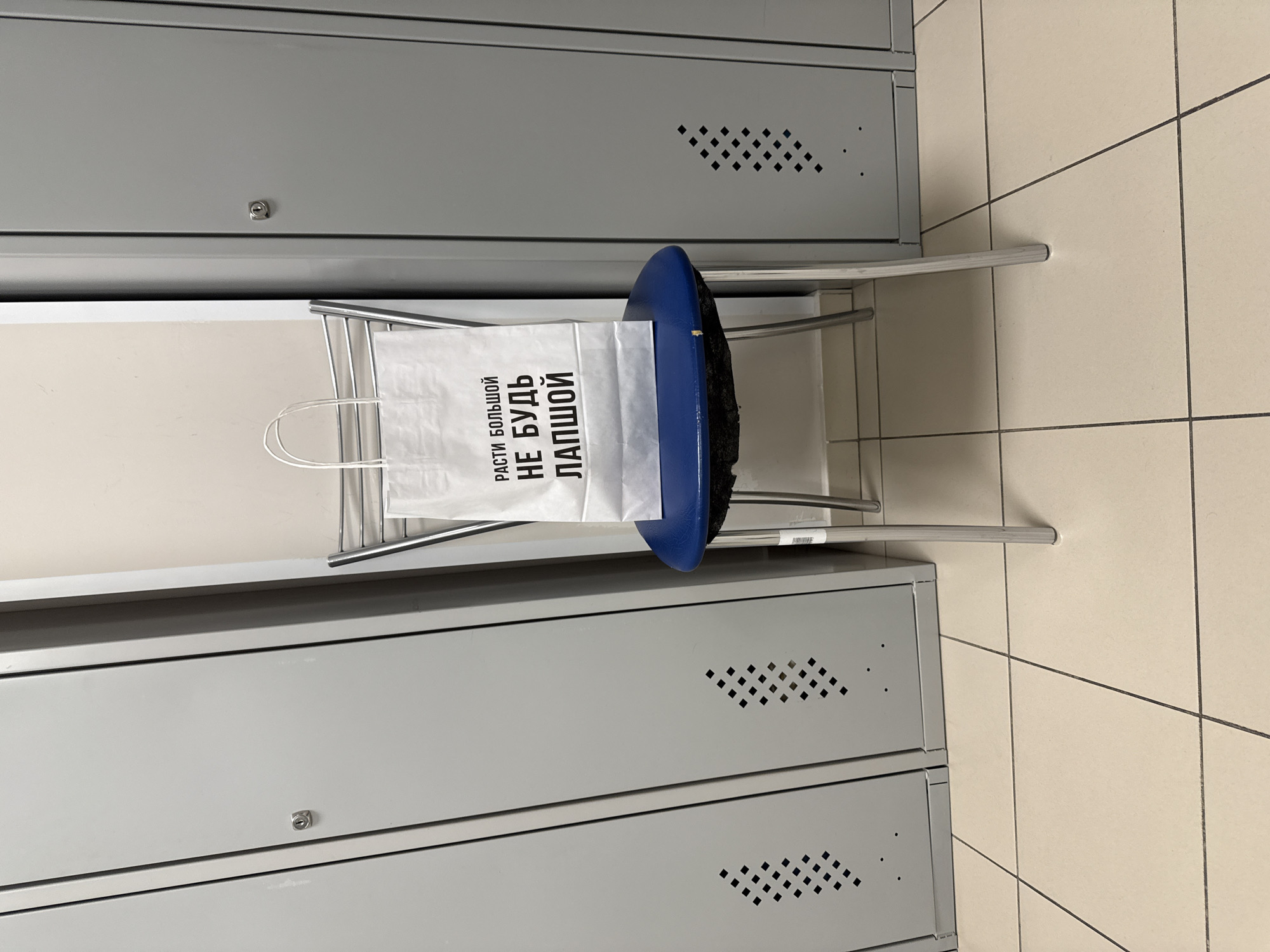 The image captures an indoor scene, likely a locker room or changing area, characterized by rows of grey metal lockers and a tiled floor. The lockers are simple in design, featuring small diamond-shaped ventilation perforations and basic cylindrical locks. They appear to be stacked, indicating multiple storage compartments.
In the center of the frame, a metal chair with a bright blue, circular seat is positioned. A white paper bag with white string handles rests on the chair. The floor is covered with light-colored square tiles, delineated by dark grout lines, which extend from the bottom of the frame to the top. The background behind the chair and between the lockers appears to be a light-colored wall.
There is no discernible activity taking place, and the scene is static. No people are visible.
A notable detail is the text printed vertically in black on the white paper bag. The Russian text reads: "РАСТИ БОЛЬШОЙ НЕ БУДЬ ЛАПШОЙ." This translates to "Grow up big, don't be noodles (a dupe/fool)," a common idiomatic expression in Russian. The overall setting suggests a functional, utilitarian space, possibly in a public or institutional building in Moscow, Russia.