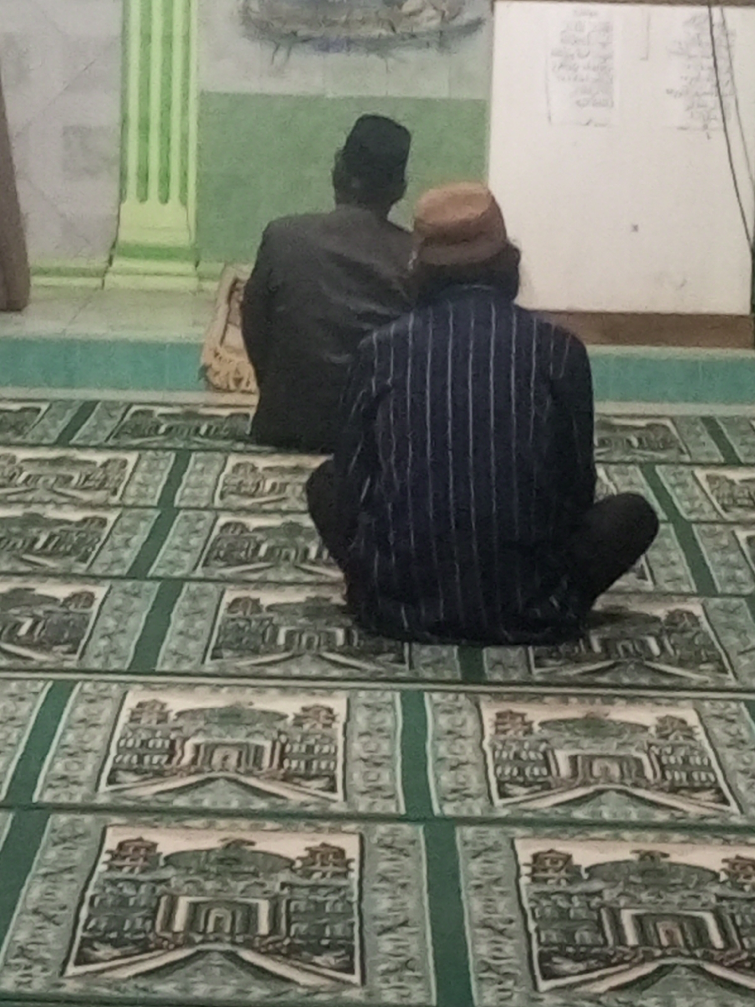 Two men are seen from behind, seated on a green carpet with a repeating pattern of architectural designs. The man in the foreground wears a dark blue pinstriped shirt and a light brown cap. The man behind him wears a black cap and a dark garment. The environment appears to be an indoor space, possibly a mosque, with a green wall visible behind the men. A whiteboard with writing is mounted on the wall. The floor is covered with a carpet featuring an intricate pattern of buildings and decorative elements. The lighting suggests an indoor setting, possibly with artificial lights.