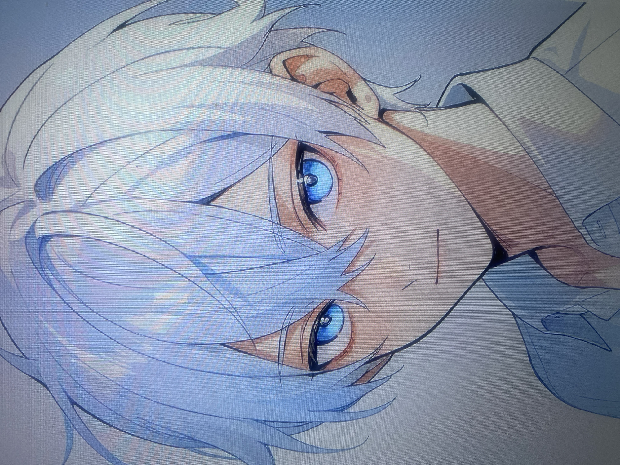 This is a close-up, tilted digital illustration of an anime-style young man. He has striking blue eyes and short, messy white hair that partially obscures his face. He is wearing a light-colored shirt. The lighting suggests it is daytime. The illustration is stylized with clean lines and soft shading, with the background a muted blue. There are no visible text elements, and no specific location cues are provided beyond the general context of Samara, Russia. The image focuses on the subject's facial features and hair, conveying a sense of calm or introspection.