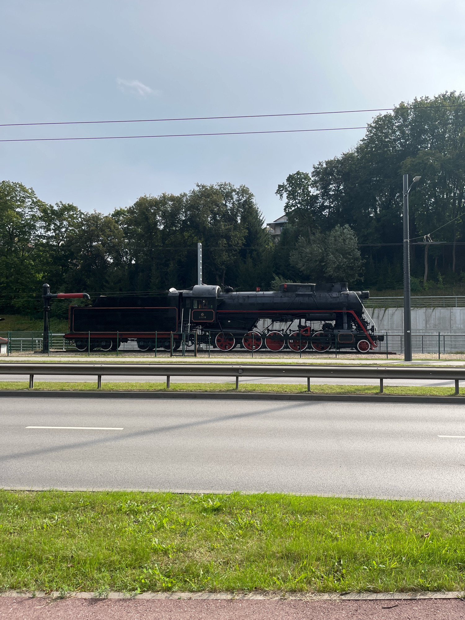 The image shows a vintage black steam locomotive on display, situated along a street in Kaunas, Lithuania. The locomotive is positioned on tracks, separated from a paved road by a grassy area and a metal fence. In the background, a dense line of trees forms a natural backdrop, with a building visible through the foliage. Overhead, power lines stretch across the sky, and a lamppost stands to the right of the locomotive. The sky is overcast, indicating a cloudy day. The scene is static, with no people or animals present.