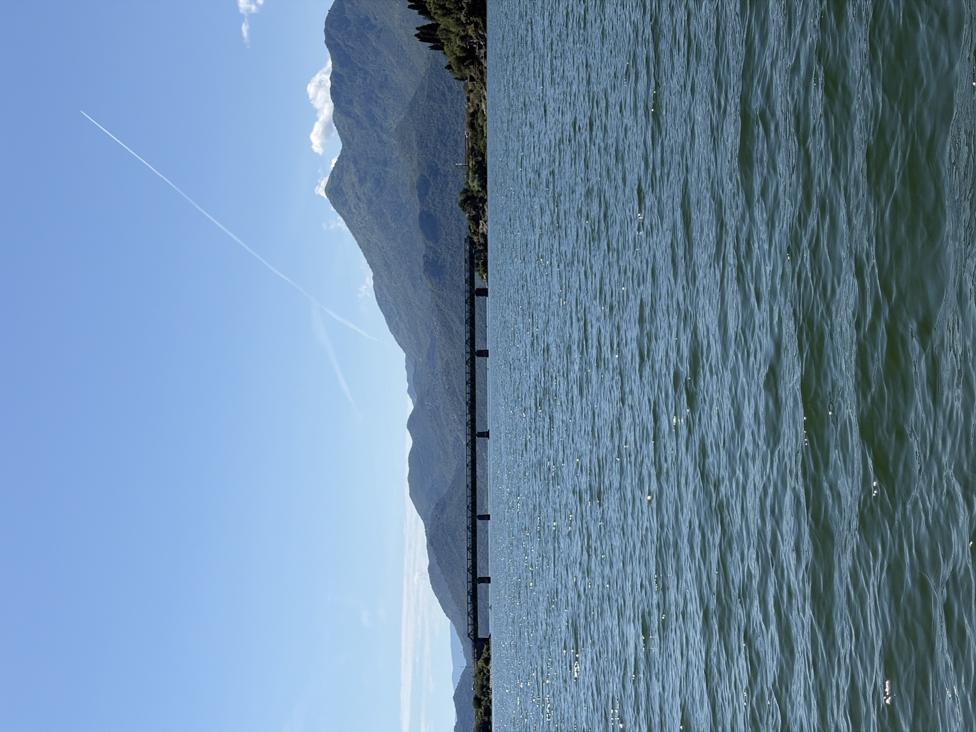 The image depicts a panoramic landscape located in Kruševica, Montenegro, centered on a large body of water, a prominent bridge, and distant mountains under a clear sky.
The sky, occupying the upper portion of the frame, is a uniform light blue. A distinct, thin white contrail from an aircraft extends diagonally from the upper right, curving slightly downwards towards the left horizon. A second, fainter, and more diffused contrail or cloud streak is visible in the upper left quadrant. Several small, white cumulus clouds are present above the mountain peaks on the right side of the frame.
A long, multi-span bridge, dark green or grey in hue, traverses the water horizontally in the middle ground of the scene. The bridge features multiple supporting piers and a visible truss-like superstructure. On the left side, the bridge connects to a low, vegetated shoreline. On the right, the land adjacent to the bridge consists of a rocky bank with dense green vegetation, including several tall, slender trees that appear to be cypresses, ascending a small hill. A road or track is discernible along the base of the mountains on the right, running parallel to the water.
The background is dominated by a range of forested mountains, displaying various shades of green and exhibiting atmospheric haze, particularly on the more distant peaks to the left. The most prominent mountain peak rises towards the upper right of the bridge.
The lower half and foreground of the image are composed of a wide expanse of dark blue-green water. The surface of the water is textured with numerous small ripples and waves, off which sunlight reflects, creating a multitude of sparkling highlights across the liquid surface.
No human figures or animals are visible within the frame. The scene is static, devoid of active interactions, and captured under bright, clear daylight conditions.