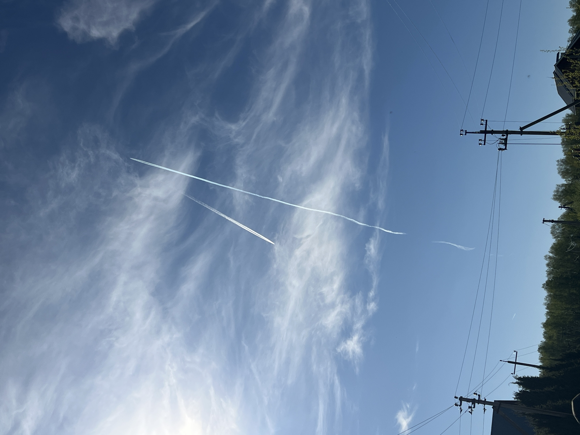 The image is a daytime shot of a blue sky with cirrus clouds and contrails from airplanes. Power lines and poles are visible on the right side of the frame, along with trees and the edge of a building. No people are visible. The location is Noviy, Russia.