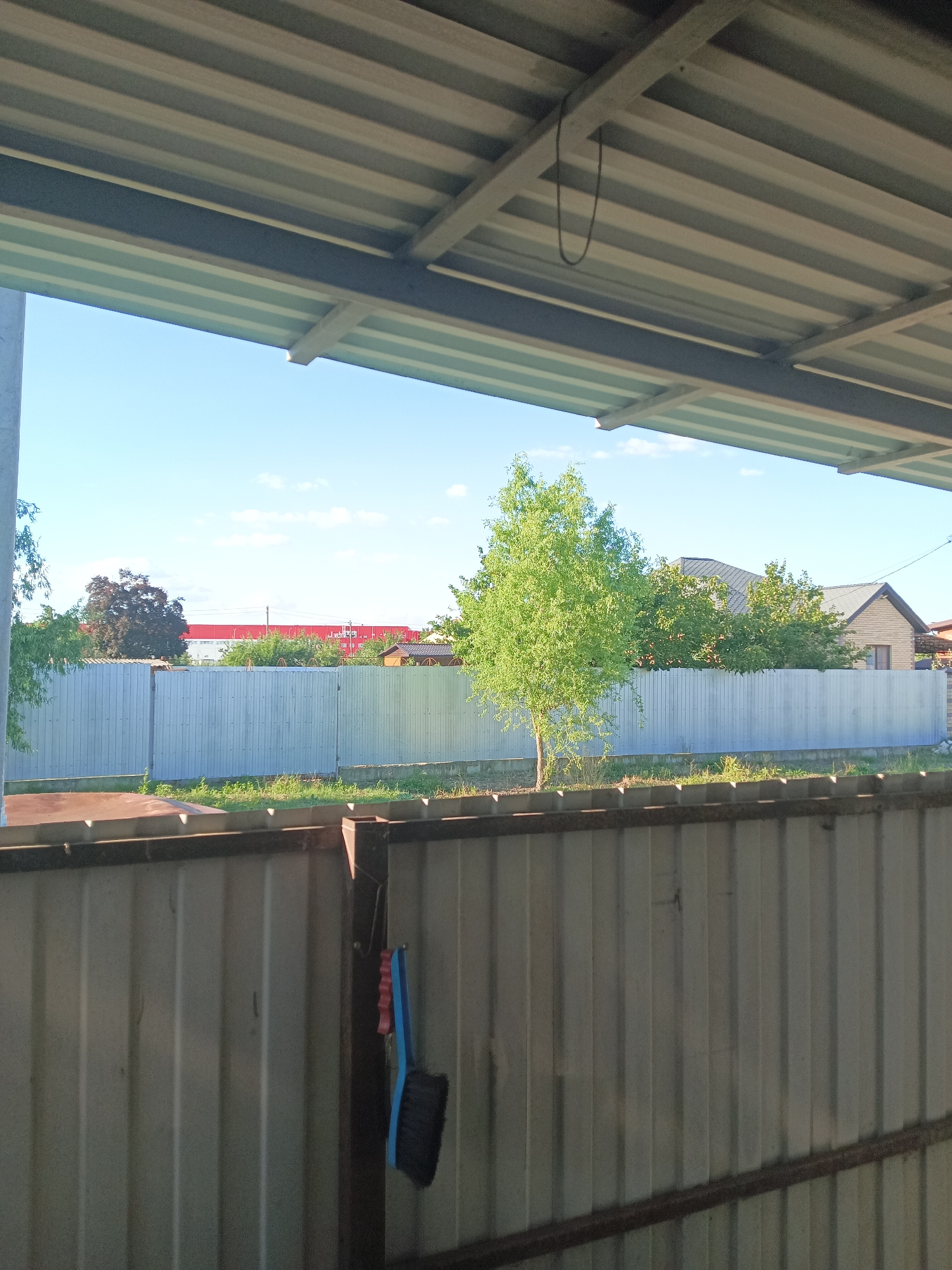 The image captures an outdoor scene through a covered area. In the foreground, a corrugated metal fence runs horizontally across the bottom, with a dark metal support post on the right. A blue and red handled broom is hanging from this post. The middle ground features another corrugated metal fence, this one lighter in color and extending across the frame. Beyond this fence, there is a patch of green grass and a small tree with bright green leaves. In the background, a larger, darker tree is visible to the left, and further back, a red building with white trim. To the right, two houses with dark roofs are nestled amongst green trees. The sky above is a clear blue with a few scattered white clouds. The lighting suggests it is daytime, likely late morning or early afternoon, with bright sunlight casting shadows. The scene appears to be a residential or semi-rural area, possibly a backyard or a property adjacent to a commercial area, given the presence of the red building. The overall impression is one of a calm, sunny day.