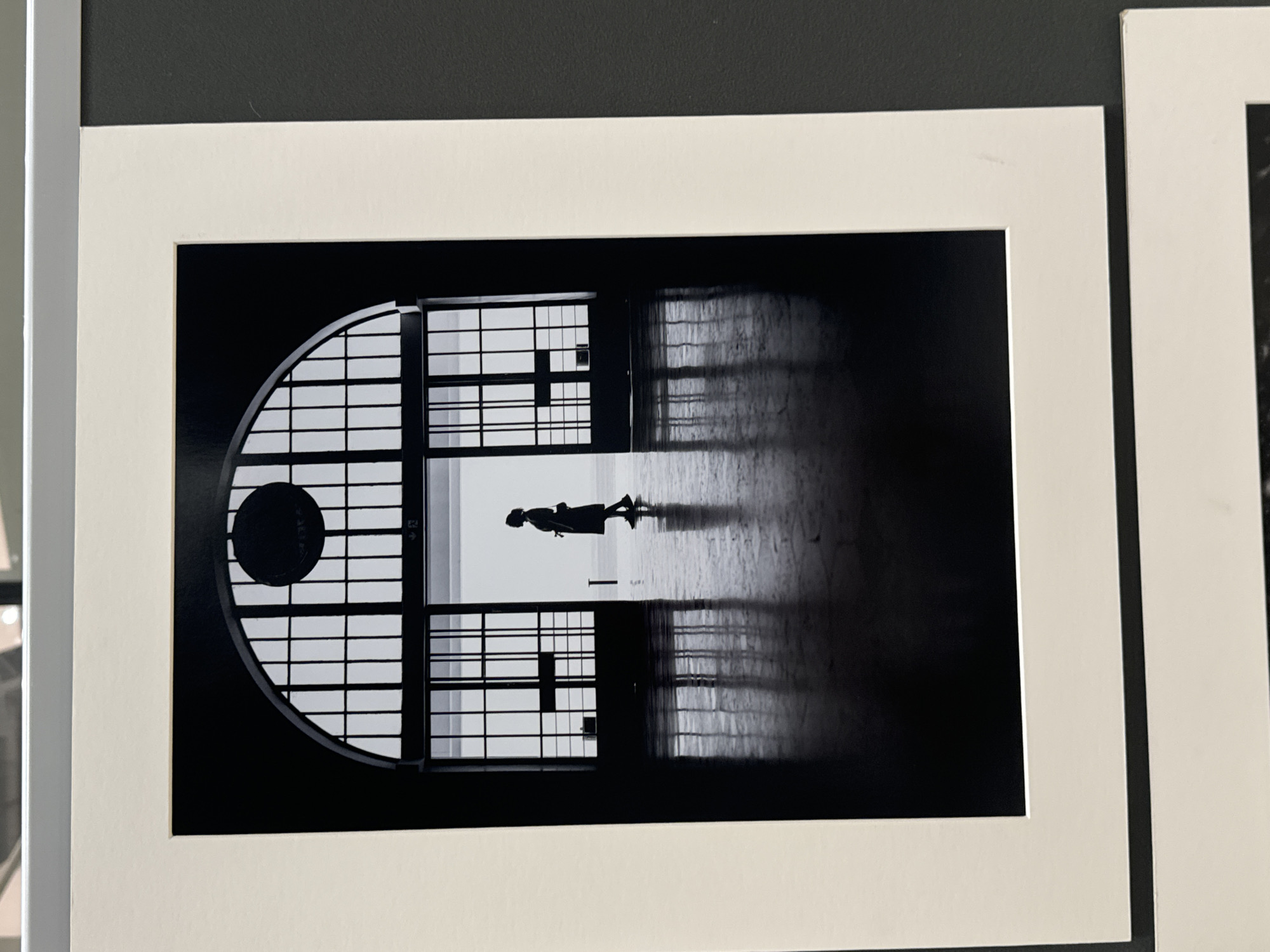 The image shows a black and white photograph of a woman silhouetted against a large arched doorway with many panes of glass. She is standing in the middle of the doorway, facing to the left. Her reflection is visible on the polished floor, which is highly reflective. The architecture suggests an interior space with a grand entrance. There is no specific indication of the location being Kilkenny, Ireland; the scene is generic in its architectural style and subject matter.
