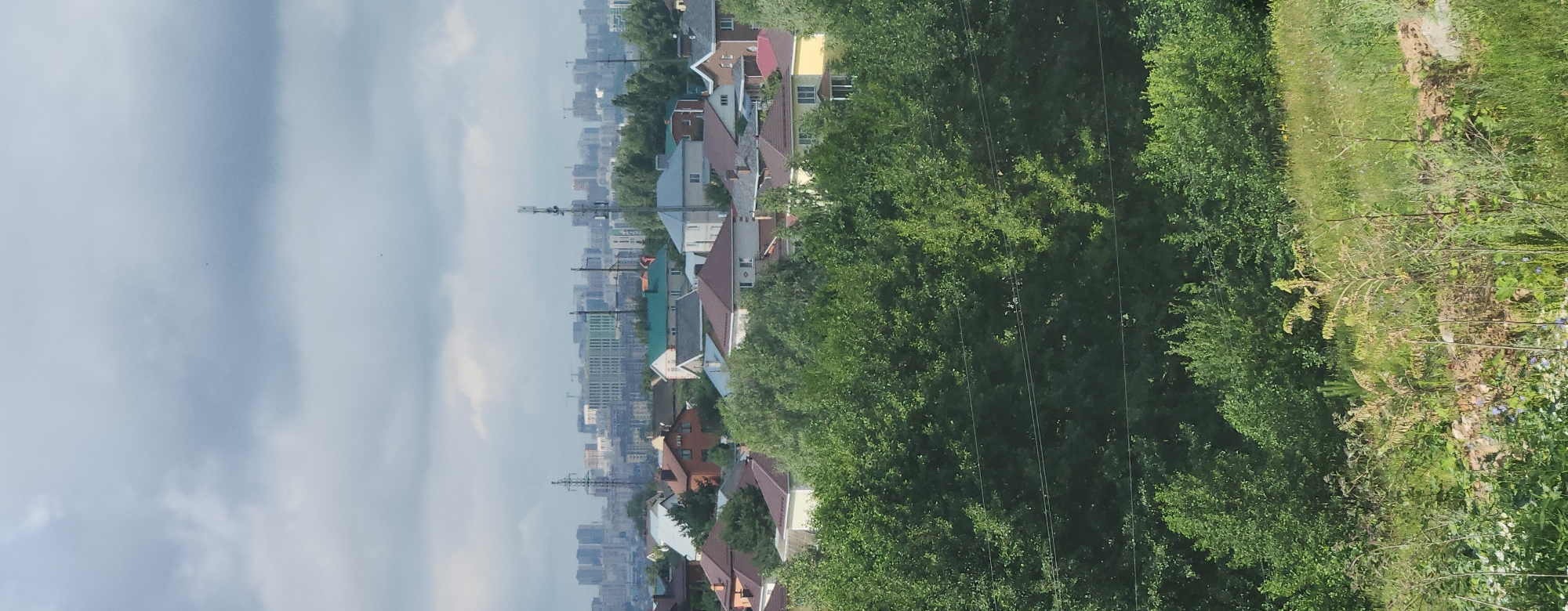 The image depicts a panoramic view of a residential area in Kazan, Russia, with a distant cityscape visible in the background. In the foreground, lush green trees dominate the scene, with some power lines running horizontally across the frame. Behind the trees, a cluster of houses with various roof colors, including red, green, and white, are visible. Further in the distance, the urban landscape of Kazan emerges, characterized by modern buildings and high-rise structures. The sky is overcast with gray clouds, suggesting a temperate climate. There are no people or discernible activity captured in the image.