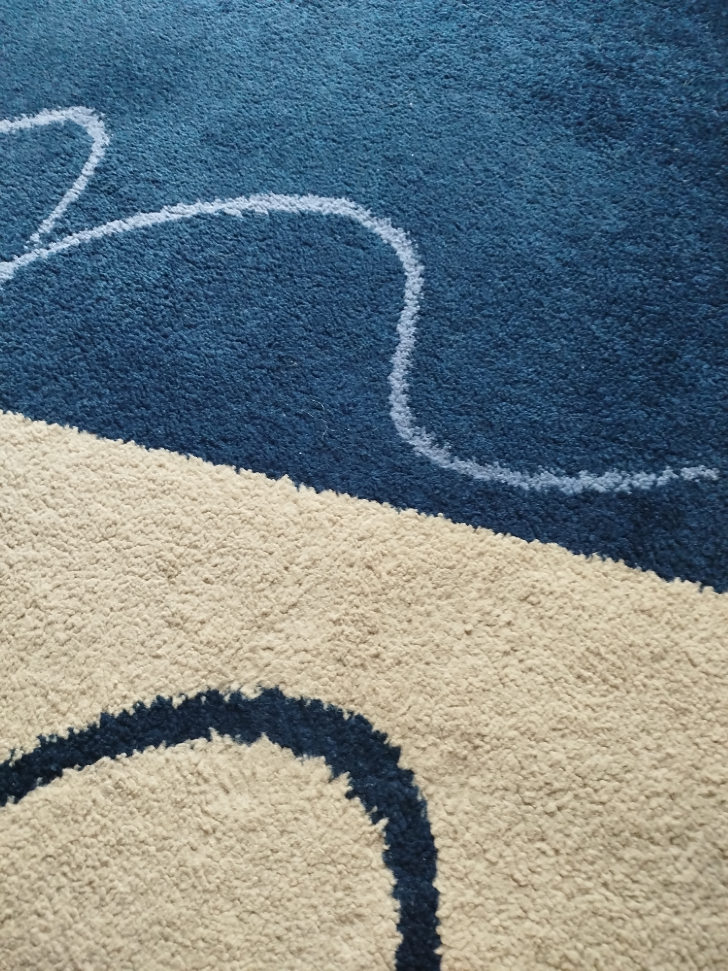 The image is a close-up, overhead shot of a carpet. The carpet features a design with two distinct color blocks. The top portion is a deep blue, and the bottom portion is a light beige. A thin, wavy white line runs across the blue section, and a thicker, wavy dark blue line cuts across the beige section. The texture of the carpet appears to be thick and shaggy. There are no people, objects, or actions visible in the image, and no discernible environmental context is provided to indicate a location in Vynnyky, Ukraine.