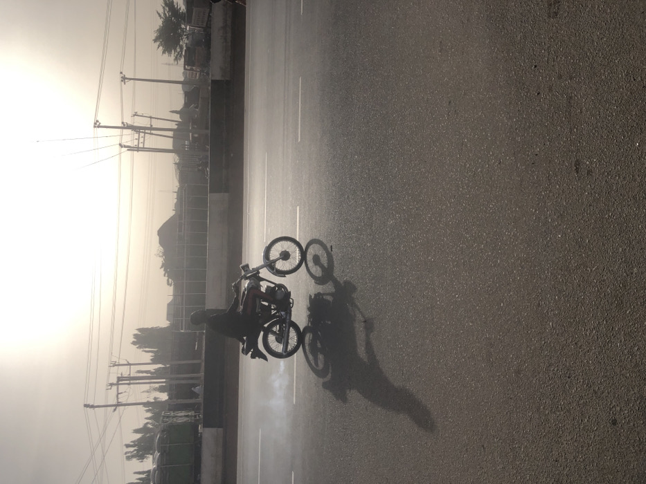 A motorcyclist performs a wheelie on a paved road. The bike's front wheel is high in the air, and smoke rises from the rear tire. A long shadow stretches across the asphalt, cast by the rider and the motorcycle. Power lines and trees line the side of the road under a hazy sky.