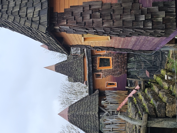 Whimsical buildings with shingled roofs and colorful walls stand in a cluster. One structure boasts an orange exterior fading into purple, accented by framed windows. A jumble of wooden sticks forms a fence-like structure. Mossy rocks add a touch of natural texture. Bare branches reach into a pale sky.
