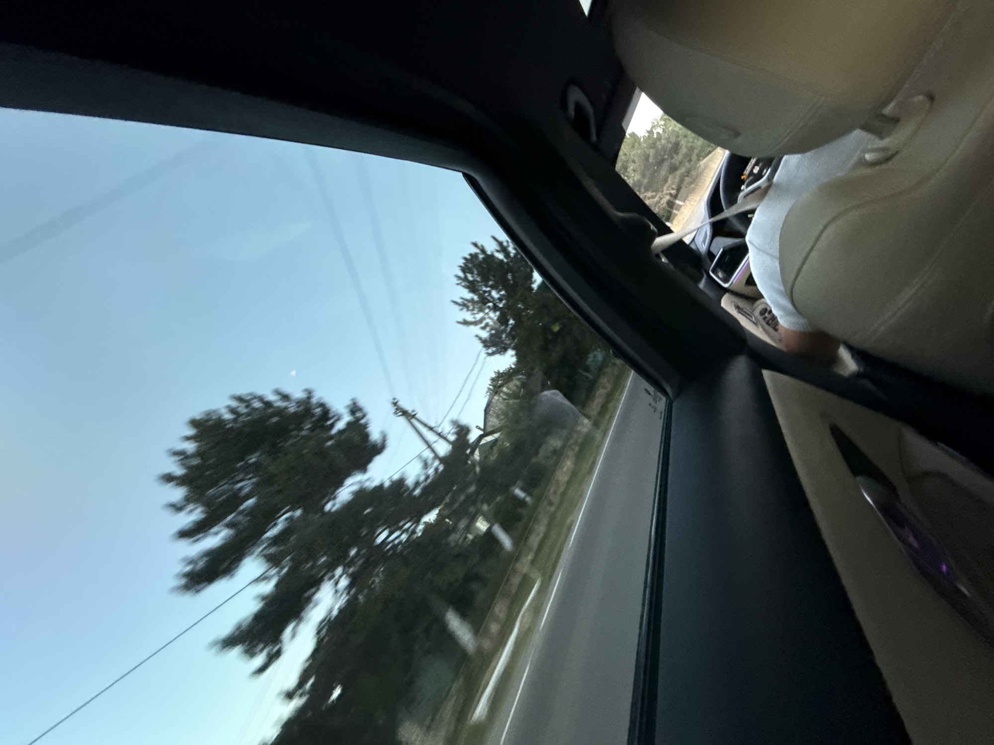 The image depicts a view from inside a vehicle, looking forward and upward through a sunroof. The sky is a pale blue, and through the sunroof, blurred trees and a road are visible, suggesting the vehicle is in motion. The interior of the car is partially visible, with a light-colored leather seat in the foreground and part of the dashboard and steering wheel. A person wearing a white t-shirt is seated in the driver's position, their hands on the steering wheel. The overall impression is a snapshot of a car journey during daylight.