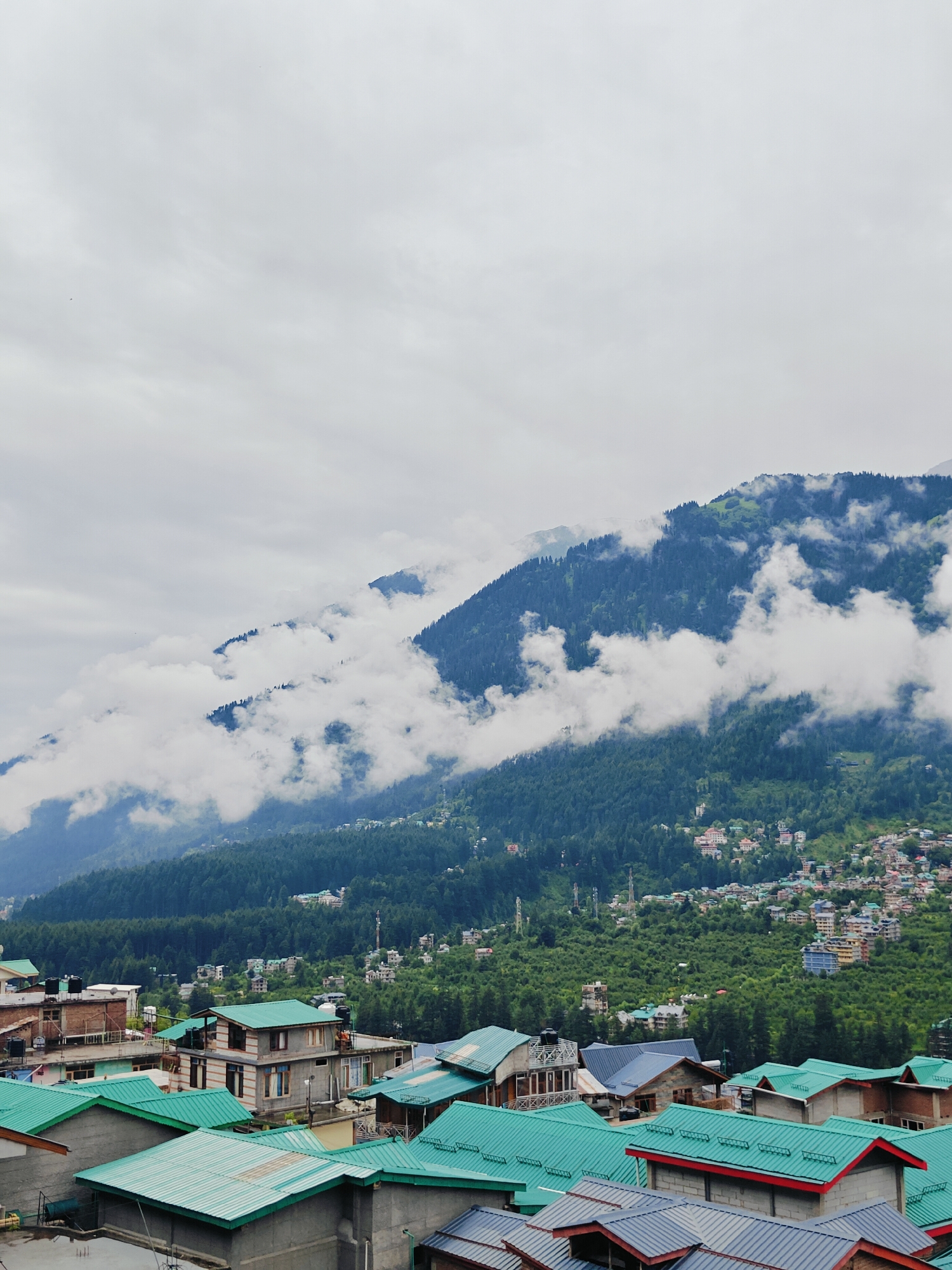 The image captures a panoramic view of Vashisht, India, characterized by its mountainous terrain and densely populated residential areas. In the foreground, numerous buildings with distinctive green, teal, and red-tiled roofs are visible, suggesting a common architectural style in the region. These structures vary in size and design, some appearing to be multi-story houses or guesthouses.
The midground features a lush, green hillside dotted with more buildings, indicating the expansion of the settlement further up the mountain. This area is densely covered with trees, creating a vibrant contrast with the built environment.
The background is dominated by a large, imposing mountain range. The slopes are extensively forested with dark green coniferous trees, giving the landscape a rugged and wild appearance. A significant portion of the mountain is obscured by thick, white clouds that are clinging to the slopes and drifting across the sky, creating a dramatic and somewhat moody atmosphere. The sky itself is overcast with a uniform grey hue, typical of cloudy weather. There are no visible individuals or any specific actions taking place within the frame; the scene is a static, environmental snapshot. The overall impression is one of a mountainous town nestled within a natural, verdant landscape under a cloudy sky.