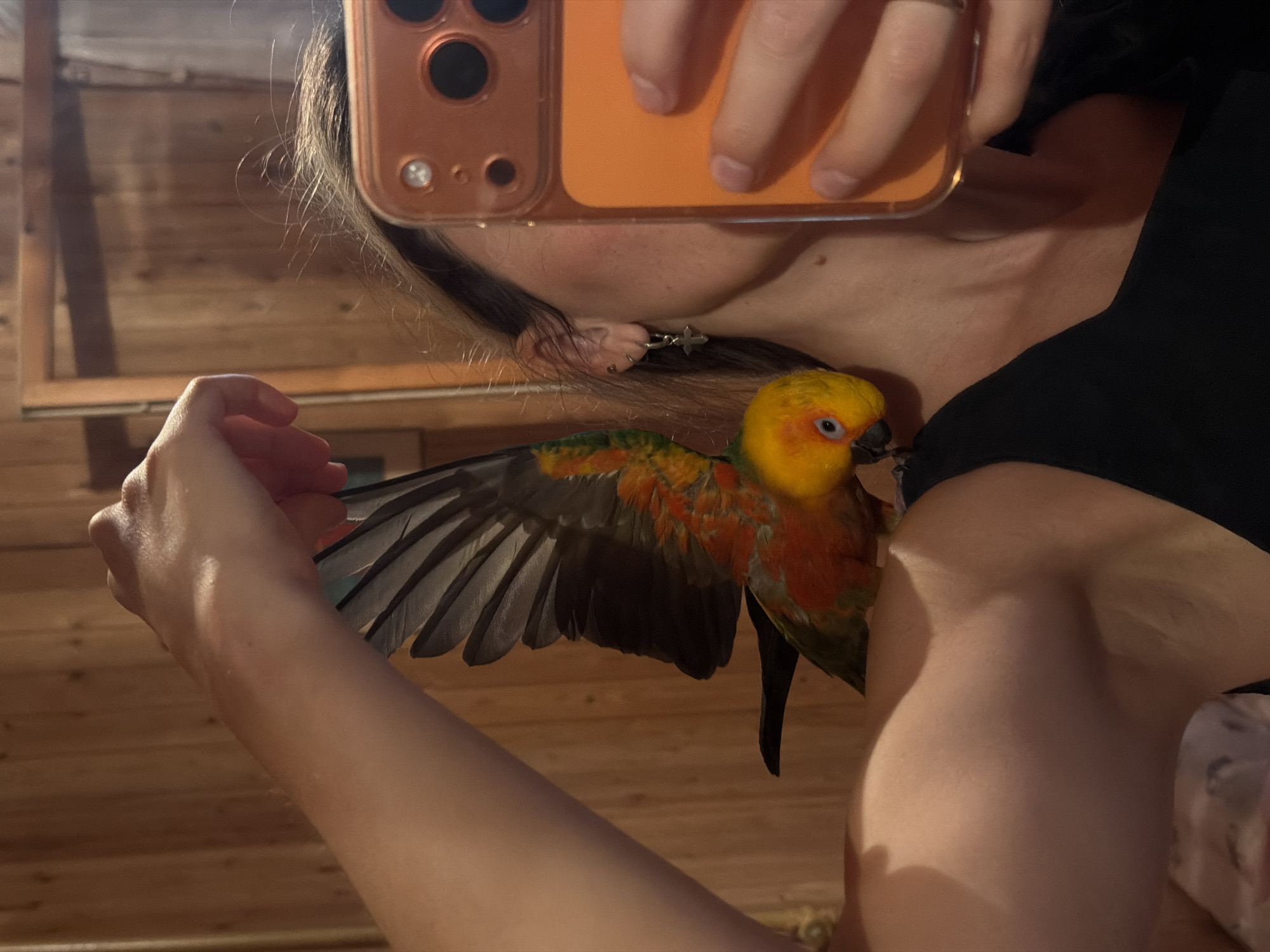 A close-up, over-the-shoulder selfie shows a person holding a smartphone in their right hand, taking a picture of themselves in a mirror. A sun conure parrot is perched on the person's left shoulder, with its wings partially spread. The background is a wooden wall, likely in a room. The image is taken in Udelnaya, Russia.