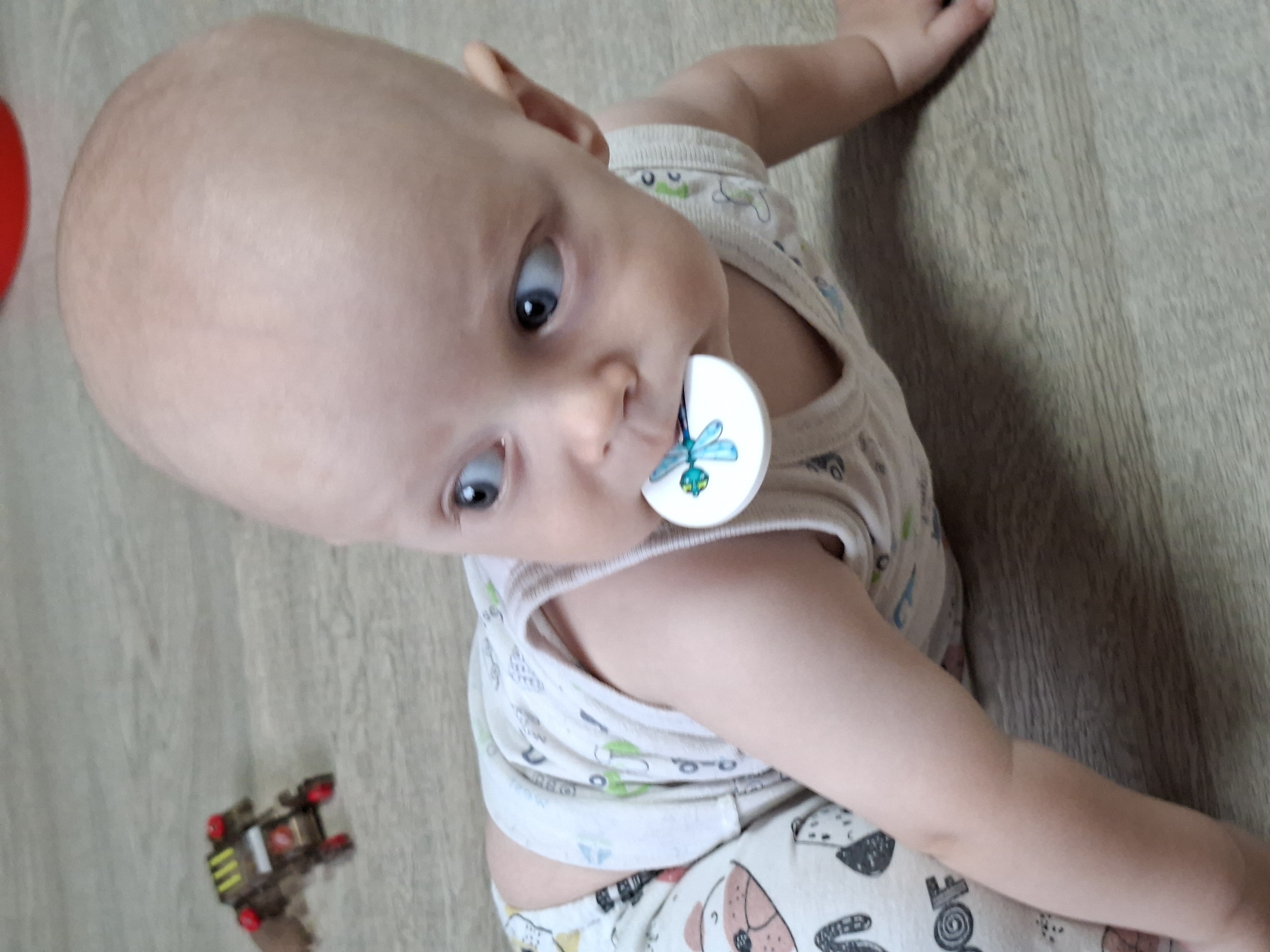 A bald baby with blue eyes is crawling on a light-colored, wood-patterned floor, holding a pacifier with a dragonfly design in its mouth. The baby is wearing a white tank top with a light pattern and light-colored pants with a dog print. To the left and slightly behind the baby is a small, brown toy vehicle with red wheels and yellow accents. The baby's head is tilted to the right, and its gaze is directed off-camera. The scene appears to be indoors, likely in a residential setting. The location is not specified as Karsha, Russia.