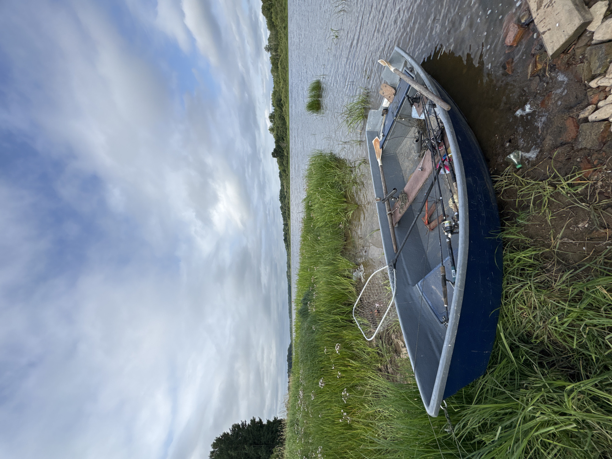 An overcast day unfolds over a body of water, possibly a river, located in the vicinity of Sitno, Russia. A blue metal rowboat, laden with fishing gear including multiple fishing rods and a fishing net, rests near the grassy bank. The water is calm, with small ripples visible. The shoreline is covered in lush green grass and some small wildflowers. Further in the distance, the opposite bank of the water body is lined with trees. The sky is filled with scattered clouds, suggesting a mild, possibly humid, climate. The scene depicts a quiet, natural setting, likely used for recreational fishing.
