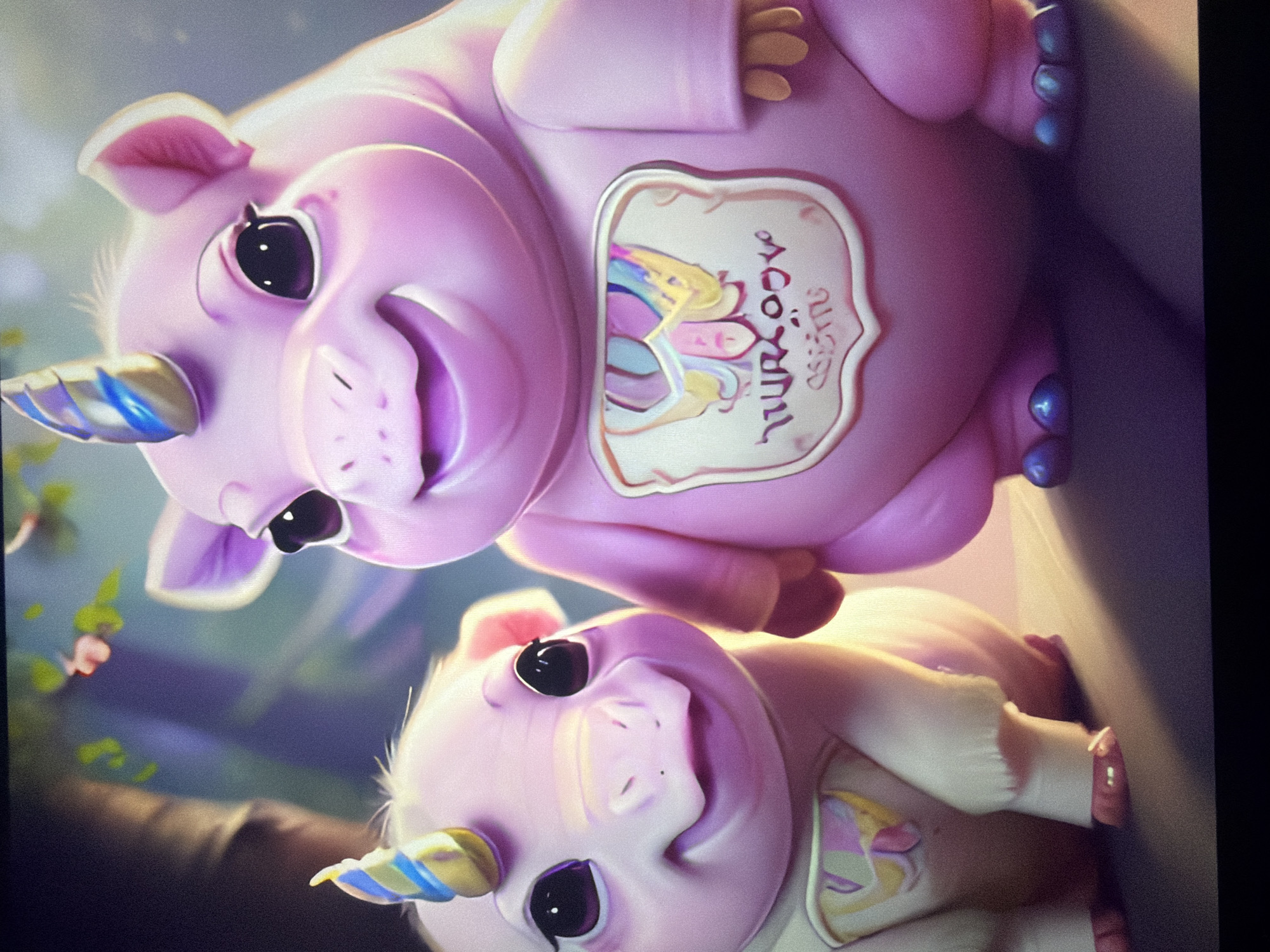 The image shows two stylized, pink, pig-like creatures with unicorn horns. The creature on the left is smaller and wears a cream-colored garment with a colorful crest. The creature on the right is larger, wears a pink garment with a similar crest, and appears to be standing beside the smaller one. Both creatures have large, dark eyes and are smiling. They are positioned outdoors, with a blurred background of trees and foliage, illuminated by soft, warm light. There is no indication of the city of Kyiv, Ukraine, or any specific urban environment. The scene is fantastical and does not depict any real-world location.