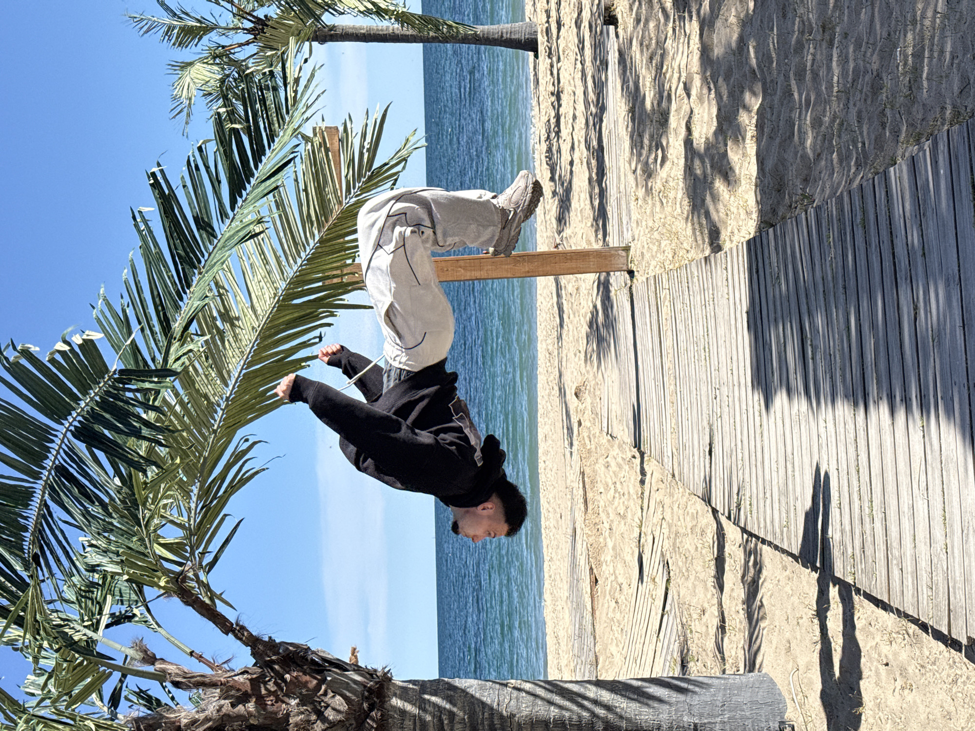 The photograph depicts a young man performing an inverted acrobatic pose on a sunny beach, located in Varna, Bulgaria. He is in a handstand-like position, with his feet resting on a wooden rail and his body inverted against the trunk of a palm tree. He is dressed in a black hooded sweatshirt, light grey athletic pants with dark detailing, and grey sneakers.
The setting is a vibrant coastal landscape with a clear, bright blue sky and a calm, blue sea stretching into the background. The foreground features a sandy beach alongside a light-colored wooden boardwalk. Several lush palm trees are prominent in the frame, their fronds green against the sky. Distinct shadows cast by the palm trees and the man himself fall across the sand and boardwalk, suggesting bright midday or early afternoon sunshine. The overall mood is active and energetic, capturing the man's focused activity within a beautiful, serene beach environment. No visible text is present in the image.