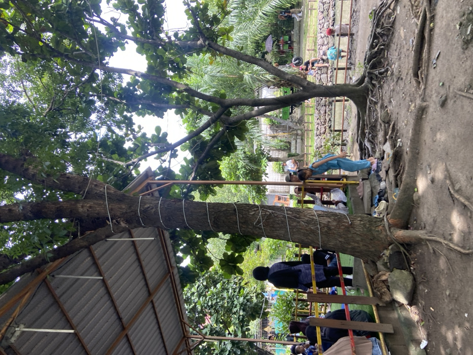 The scene takes place in a park located in Kecamatan Sidoarjo, Indonesia at coordinates -7.441 latitude and 112.705 longitude. A large tree with thick roots is in the foreground. Several people, including a young girl wearing a blue dress, are gathered around a small wooden structure with a corrugated metal roof. The people appear to be having a picnic, and some are sitting on the ground. The background is a mix of trees, shrubs, and a small, partially obscured body of water. There is a small wooden fence separating the grassy area from the body of water. The scene is brightly lit and sunny, with the sky visible through the branches of the trees.