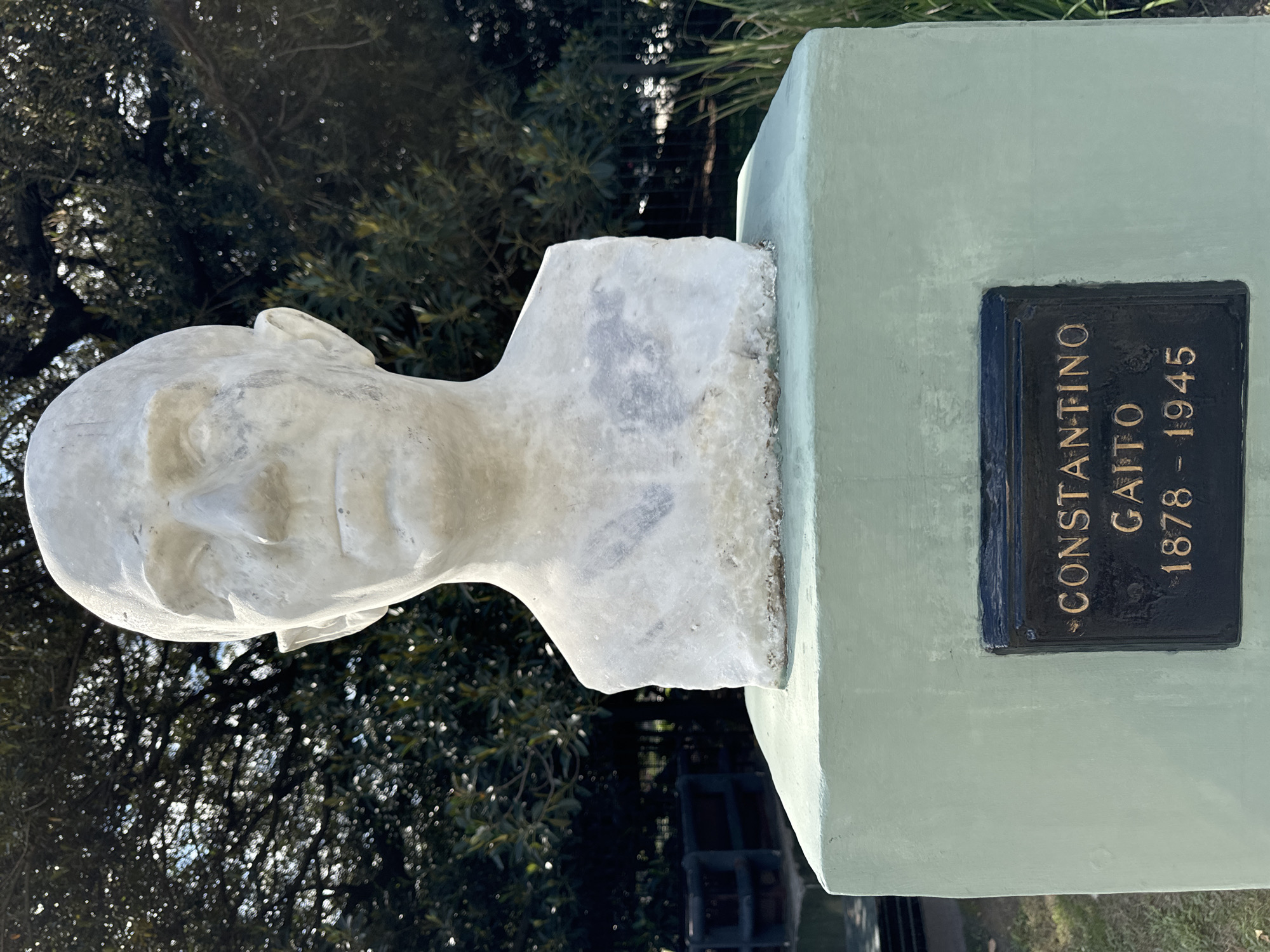 The image shows a marble bust of Constantino Gaito (1878-1945) located in Buenos Aires, Argentina. The bust sits atop a light-green rectangular pedestal that features a dark plaque with gold lettering identifying Gaito. The sculpture is partially obscured by foliage, indicating it may be in a park or outdoor setting.