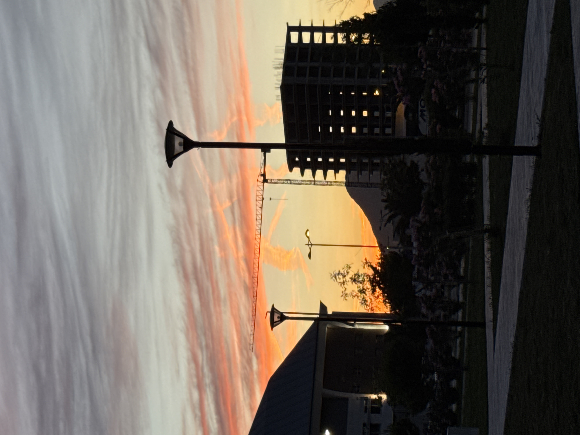 The image depicts a silhouette of a developing urban landscape against a vibrant sunset sky. In the foreground, a dark grassy area and a paved walkway lead the eye towards a row of silhouetted trees and bushes, some with pink blossoms, and streetlights. A dark, multi-story building with a sloped roof is visible on the left, and a partially constructed tall building is on the right. Two construction cranes are active in the background, suggesting ongoing development. A mountain range is faintly visible behind the structures. The sky is a dramatic display of orange, pink, and gray clouds, with contrails forming unusual patterns. The scene appears to be a park area adjacent to ongoing construction sites within the city of Bar, Montenegro. There are no people visible in the frame.