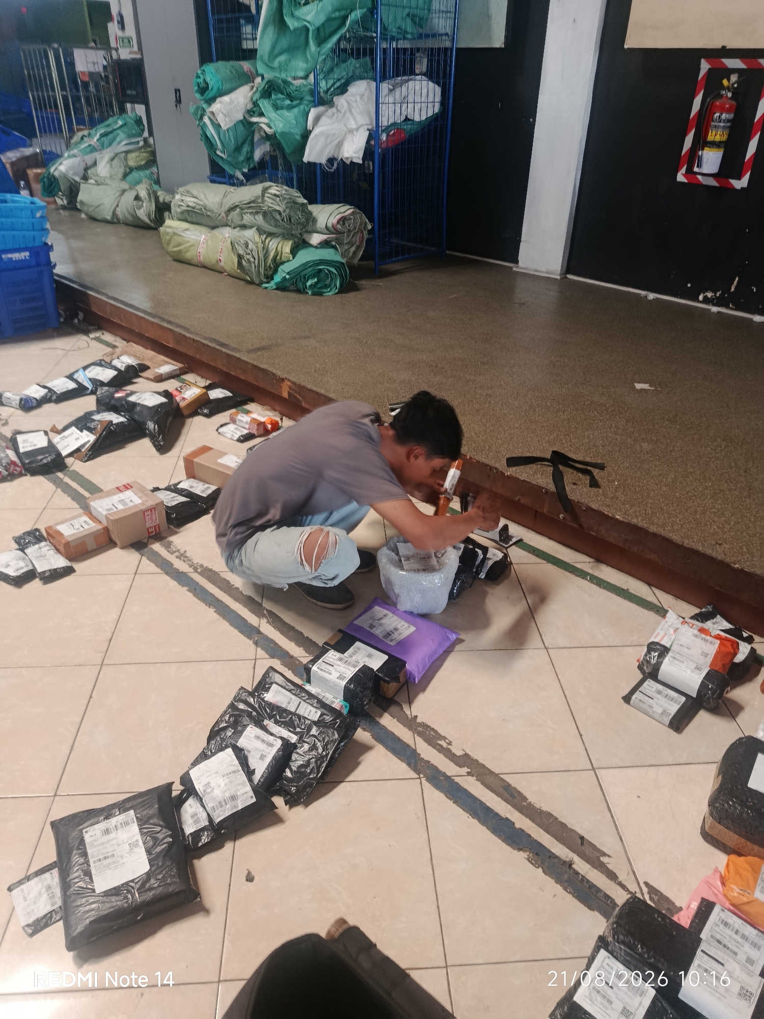 In Kalangbret, Indonesia, a man in a grey t-shirt and ripped light blue jeans is crouched on a tiled floor surrounded by numerous packages. The packages, varying in size and packaging, are scattered around him, some wrapped in black plastic, others in brown cardboard. He appears to be sorting or organizing them. The environment includes a wooden ledge or counter behind him, and in the background, stacks of large, rolled green and white bags are visible, likely merchandise or supplies. A blue cage with more supplies is also present. A fire extinguisher is mounted on a black wall in the distance. The floor is tiled with a pattern of light and dark lines. The image is dated 21/08/2026 10:16.