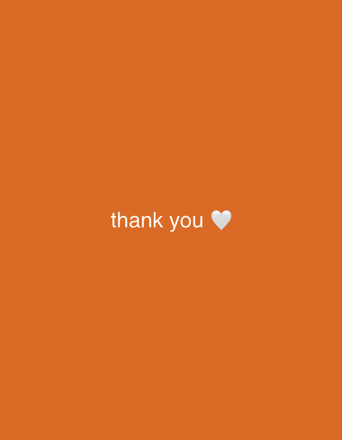 The image displays a simple, solid orange background. Centered horizontally and vertically in the frame is white text that reads "thank you", followed immediately by a white heart emoji (🤍). There are no people, objects, or discernible scene beyond the uniform color. No specific activity or event is depicted. The image lacks any cues regarding time of day, weather, or a particular location within Naberezhnye Chelny, Russia, or elsewhere; the background is entirely abstract. The combination of the text and emoji conveys a message of gratitude or appreciation.