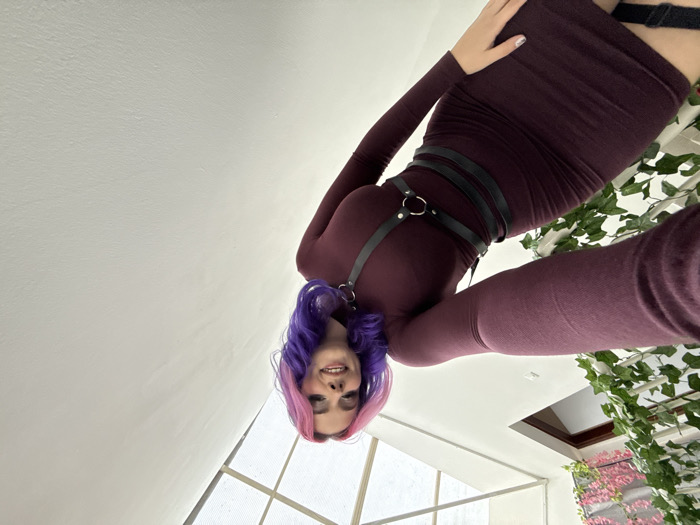 A young female individual is depicted indoors in the City of Zagreb, Croatia, posing for a low-angle, wide-perspective selfie. She has pink and purple split-dyed hair, light skin, and is smiling directly at the camera. She wears a long-sleeved, form-fitting maroon dress layered with a black faux leather harness featuring silver O-rings and buckles. A black strap, possibly a garter or thigh harness component, is visible on her left thigh. The background consists of white walls, an overhead skylight with multiple panels, and artificial green ivy with pink floral accents draped along the left side, partially obscuring a dark-framed window. The scene is illuminated by bright, natural light.